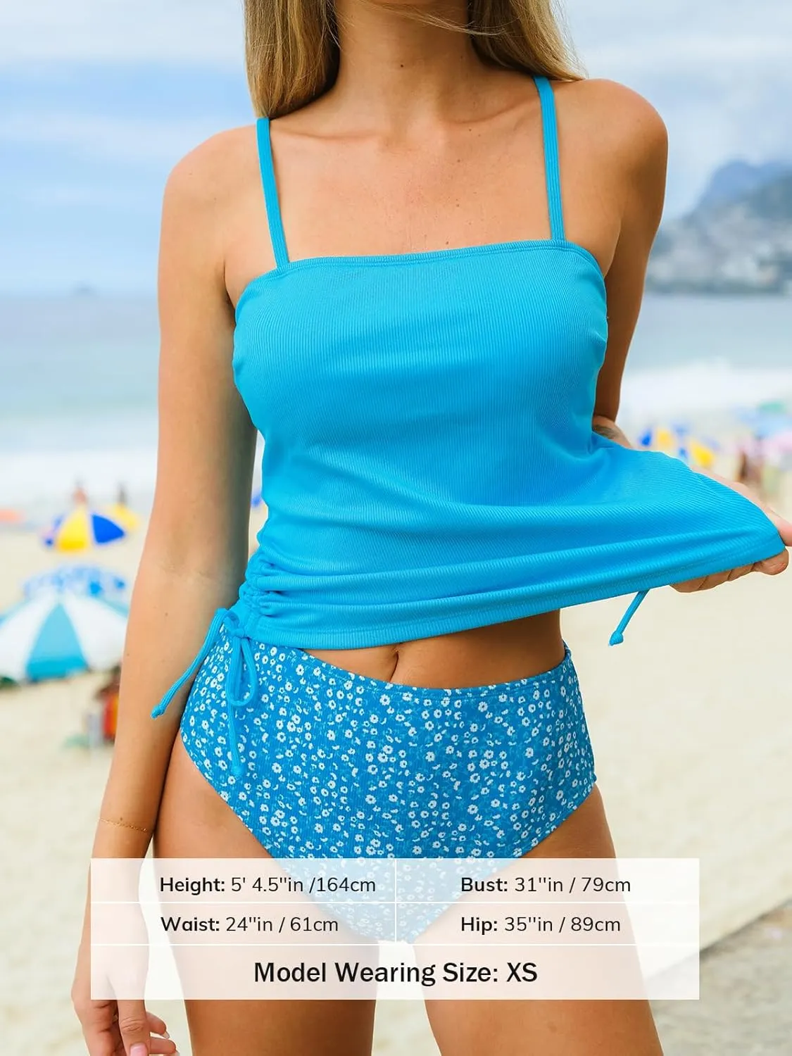 CUPSHE Women's Tankini Set Two Piece Swimsuit Ruched Drawstring Bathing Suits with High Waisted Bottom Rib