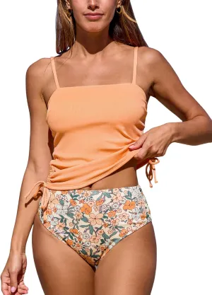 CUPSHE Women's Tankini Set Two Piece Swimsuit Ruched Drawstring Bathing Suits with High Waisted Bottom Rib