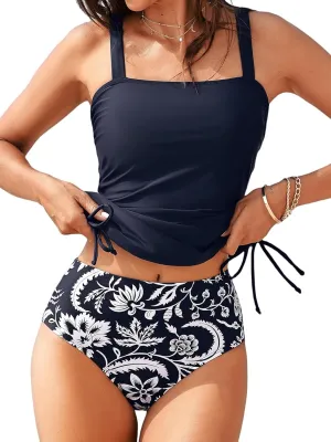 CUPSHE Women's Tankini Sets Square Neck High Waisted Two Piece Bathing Suits Adjustable Straps Drawstring Swimwear