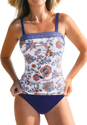 CUPSHE Women's Tankini Sets Two Piece Bathing Suits Square Neck Adjustable Straps Ruched Swimsuits Swimwear