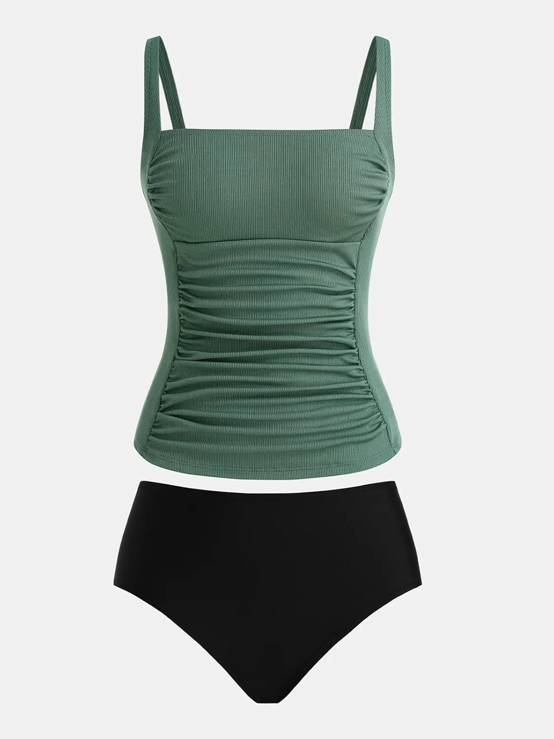 CUPSHE Women's Tankini Sets Two Piece Bathing Suits Tummy Control Square Neck Adjustable Straps Ruched Ribbed