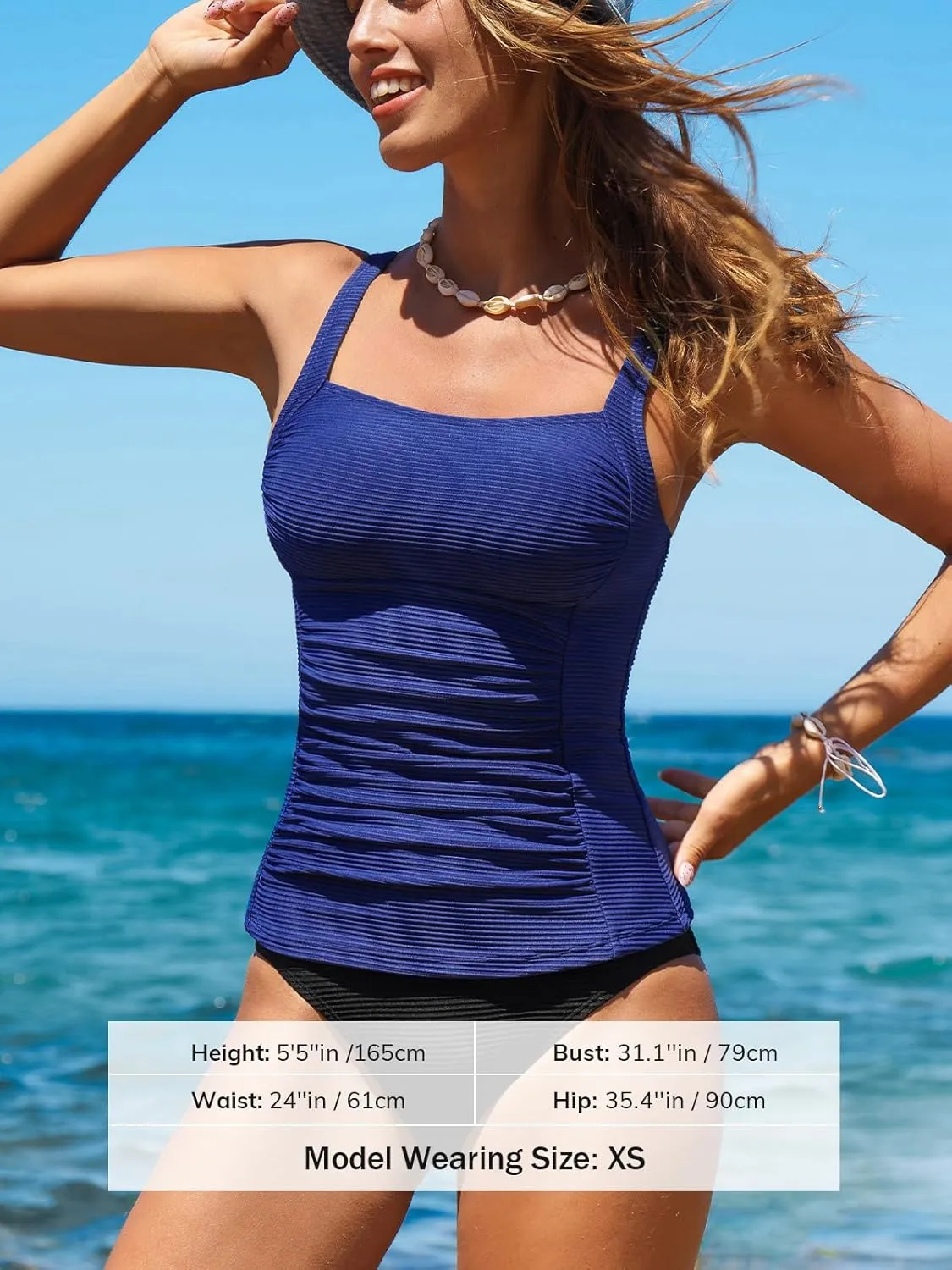 CUPSHE Women's Tankini Sets Two Piece Bathing Suits Tummy Control Square Neck Adjustable Straps Ruched Ribbed
