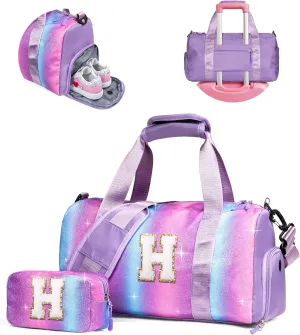 Customized Gifts for Daughter -Girl Gym Bag with Shoe Compartment, Kid Personalized Weekender Overnight Bags, Initial Travel Tote with Makeup Pouch, Sweet Girls Gift for Niece (Letter H)