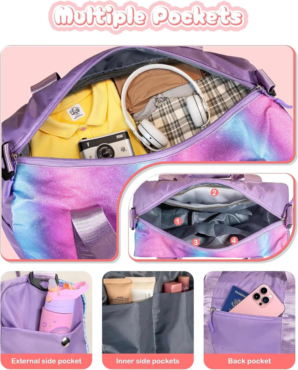 Customized Gifts for Daughter -Girl Gym Bag with Shoe Compartment, Kid Personalized Weekender Overnight Bags, Initial Travel Tote with Makeup Pouch, Sweet Girls Gift for Niece (Letter H)