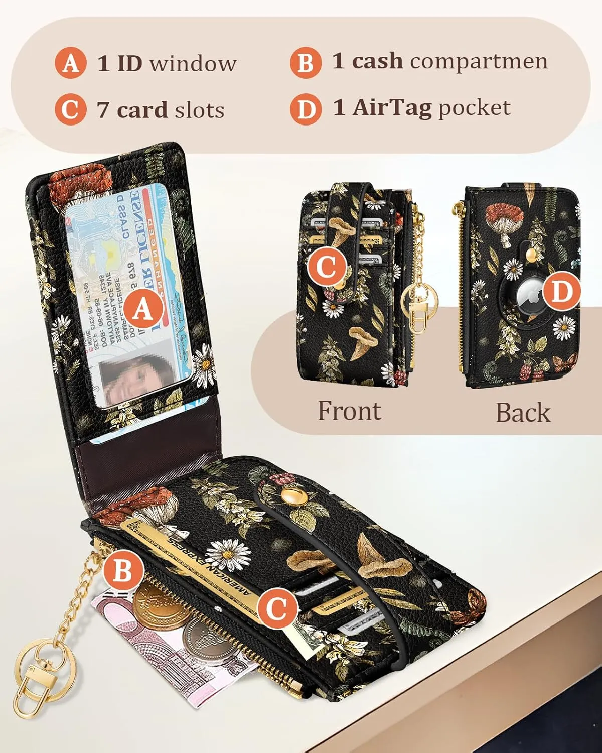 Cute Card Wallet Women with AirTag Holder - Mogu Genuine Leather Small Wallets with Keychain RFID Credit Cardholder Air Tag Aesthetic Coin Purse for Female Ladies Teen Girls