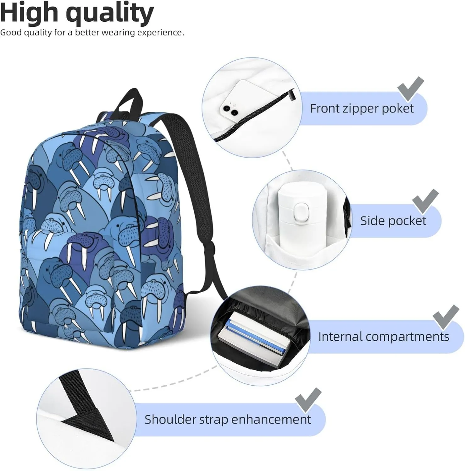 Cute Cartoon Walrus Backpack 17.7 Inch Laptop Backpack Travel Hiking Daypack Multipurpose Bookbag For Men Women