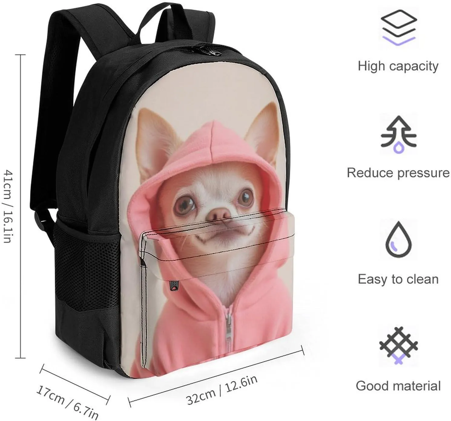 Cute Chihuahua Puppy Dog Rucksacks Polyester Anti-Theft Multipurpose Carry On Bag Large Capacity Gym Outdoor Hiking Backpack With Smooth Zippers