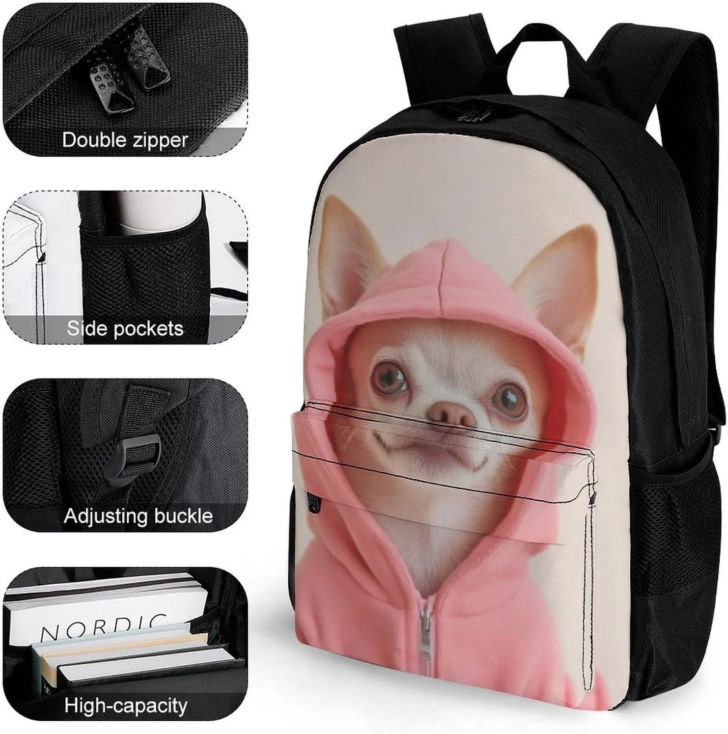 Cute Chihuahua Puppy Dog Rucksacks Polyester Anti-Theft Multipurpose Carry On Bag Large Capacity Gym Outdoor Hiking Backpack With Smooth Zippers