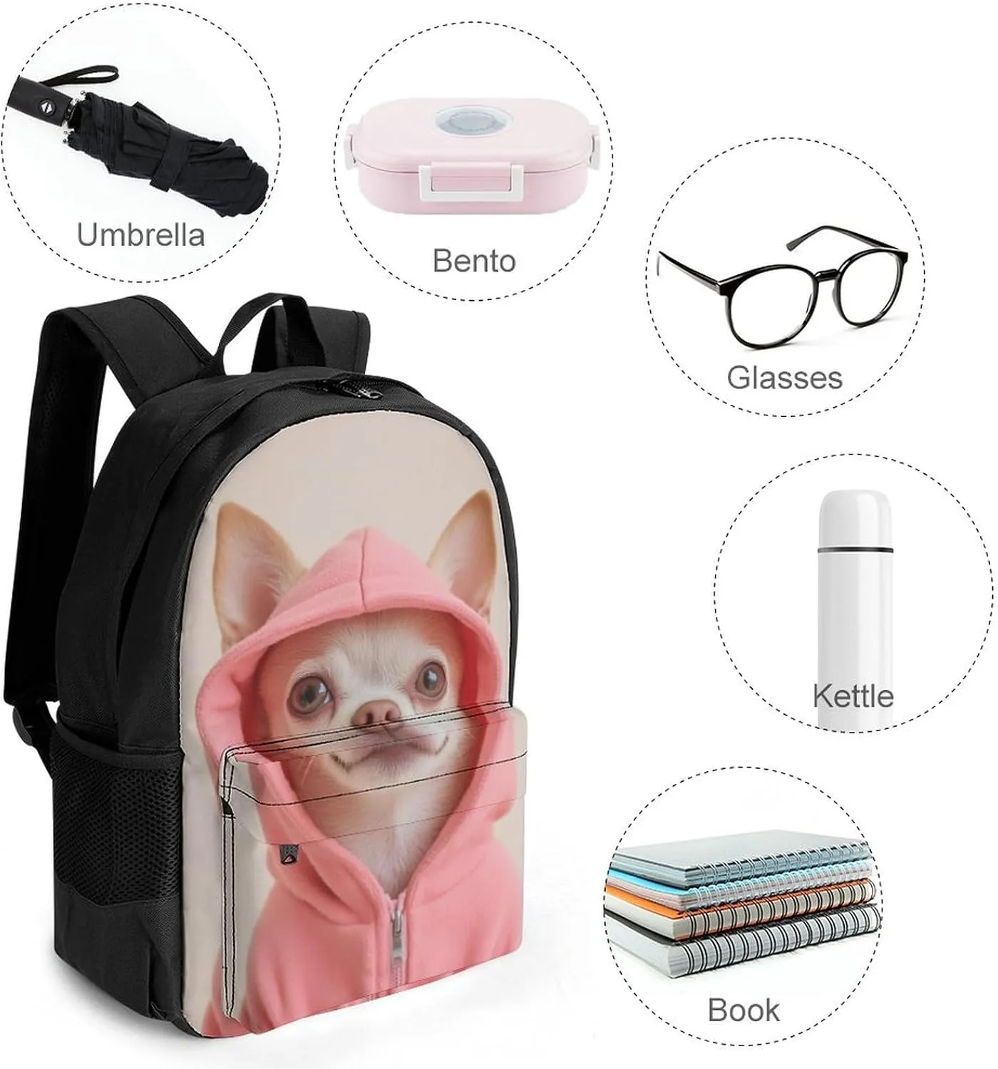 Cute Chihuahua Puppy Dog Rucksacks Polyester Anti-Theft Multipurpose Carry On Bag Large Capacity Gym Outdoor Hiking Backpack With Smooth Zippers