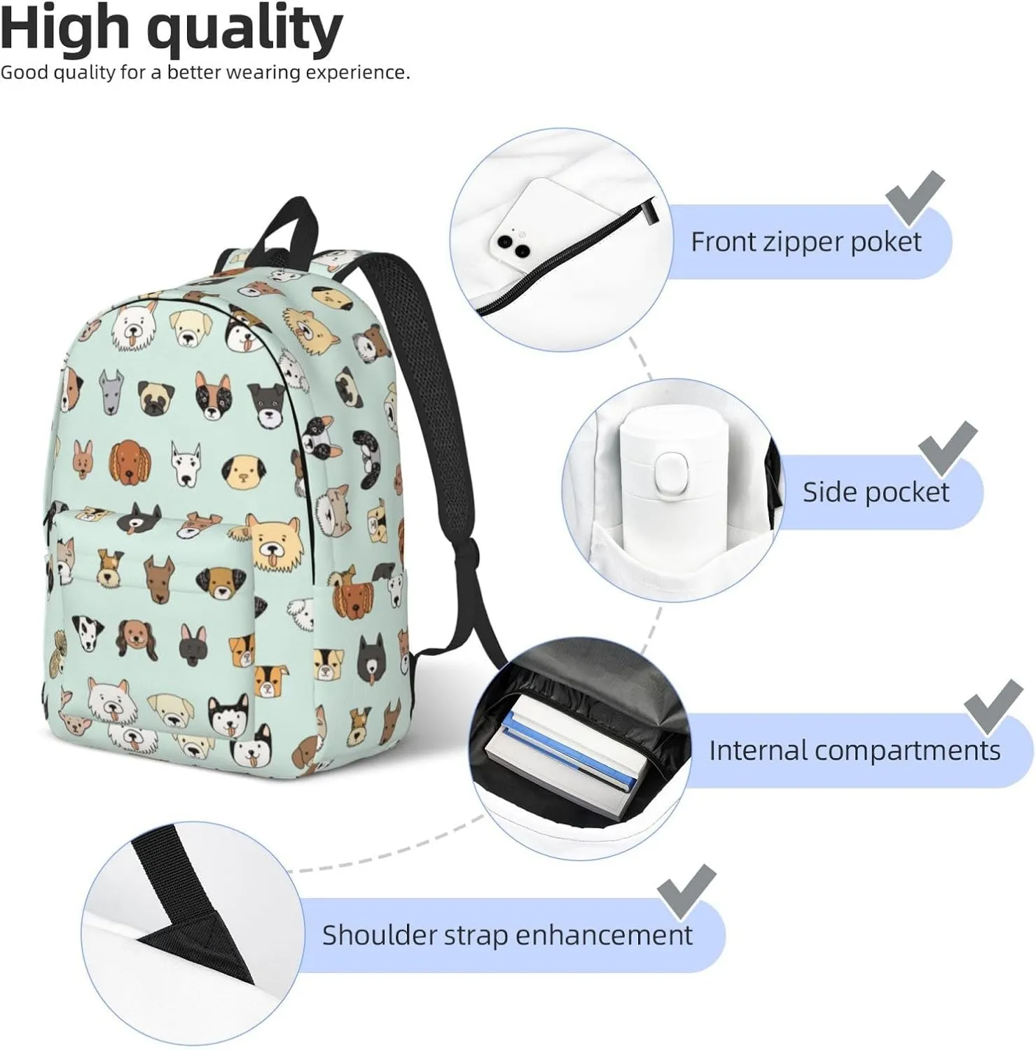 Cute Dogs Pattern Backpack 15.7 Inch Laptop Backpack Travel Hiking Daypack Multipurpose Bookbag For Men Women