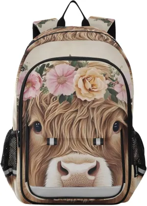 Cute Highland Cow Garland Large Backpack for Men Women Travel Laptop Daypack Book Bag Shoulder Bag Cute Cool Funny Backpack with Reflective Strip 12.9 ×17.7 In