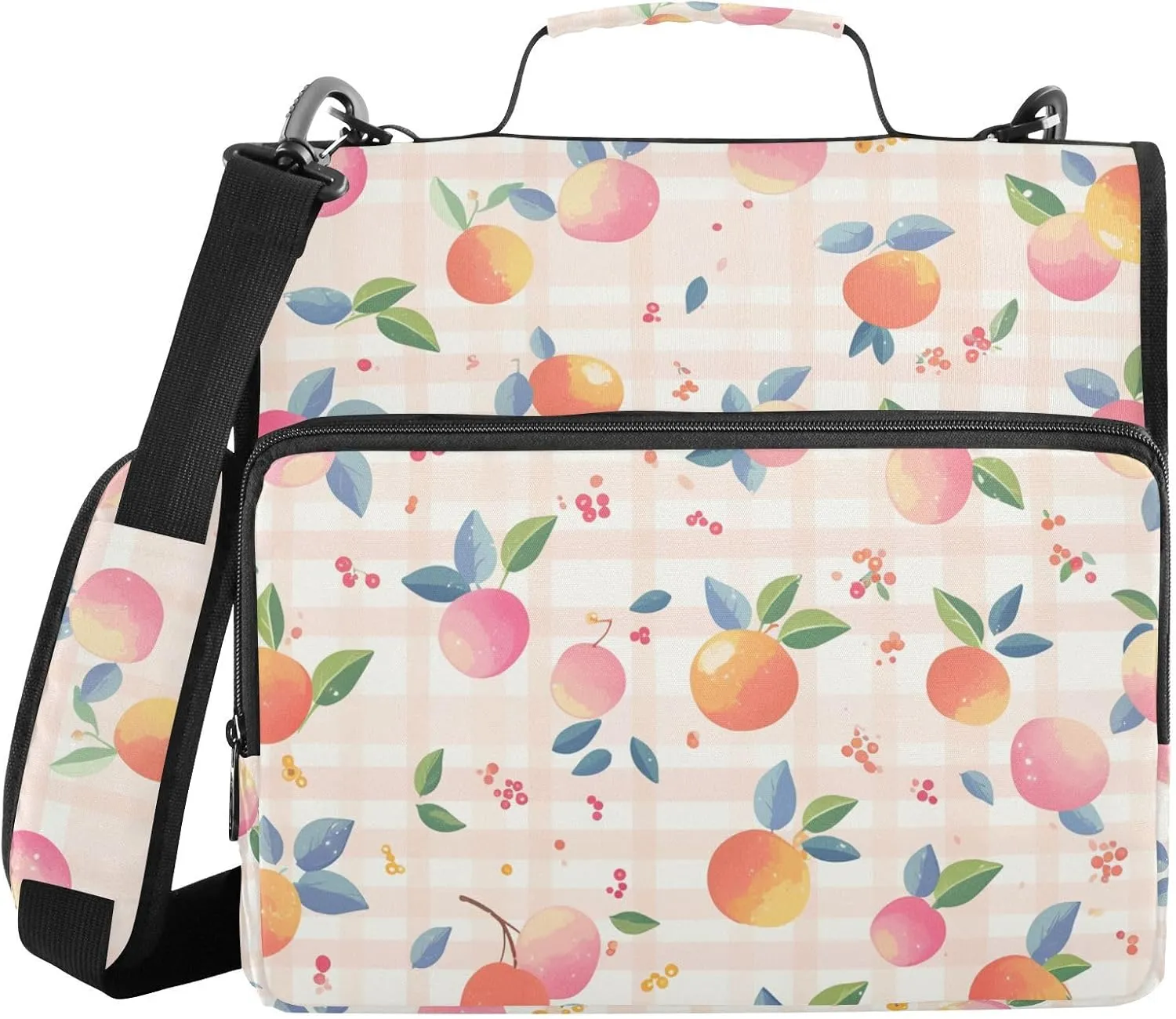Cute Peach Plaid 3 Rings 1.5 inch Zipper Binder Organizer with Handle and Removable Shoulder Strap Includes Zip Pocket Document Organizer for School