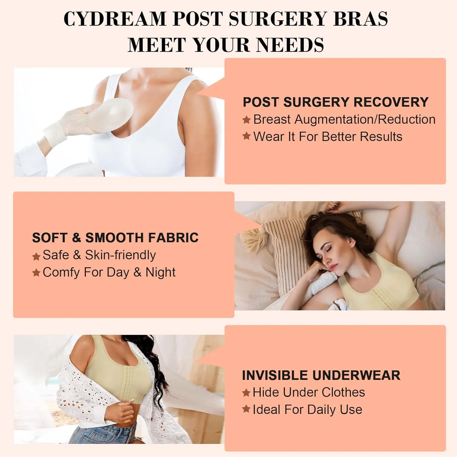 CYDREAM Wireless Bra for Women Front Adjustable Closure Post Surgery Compression Sports Bra Shapewear Camisole Crop Tops