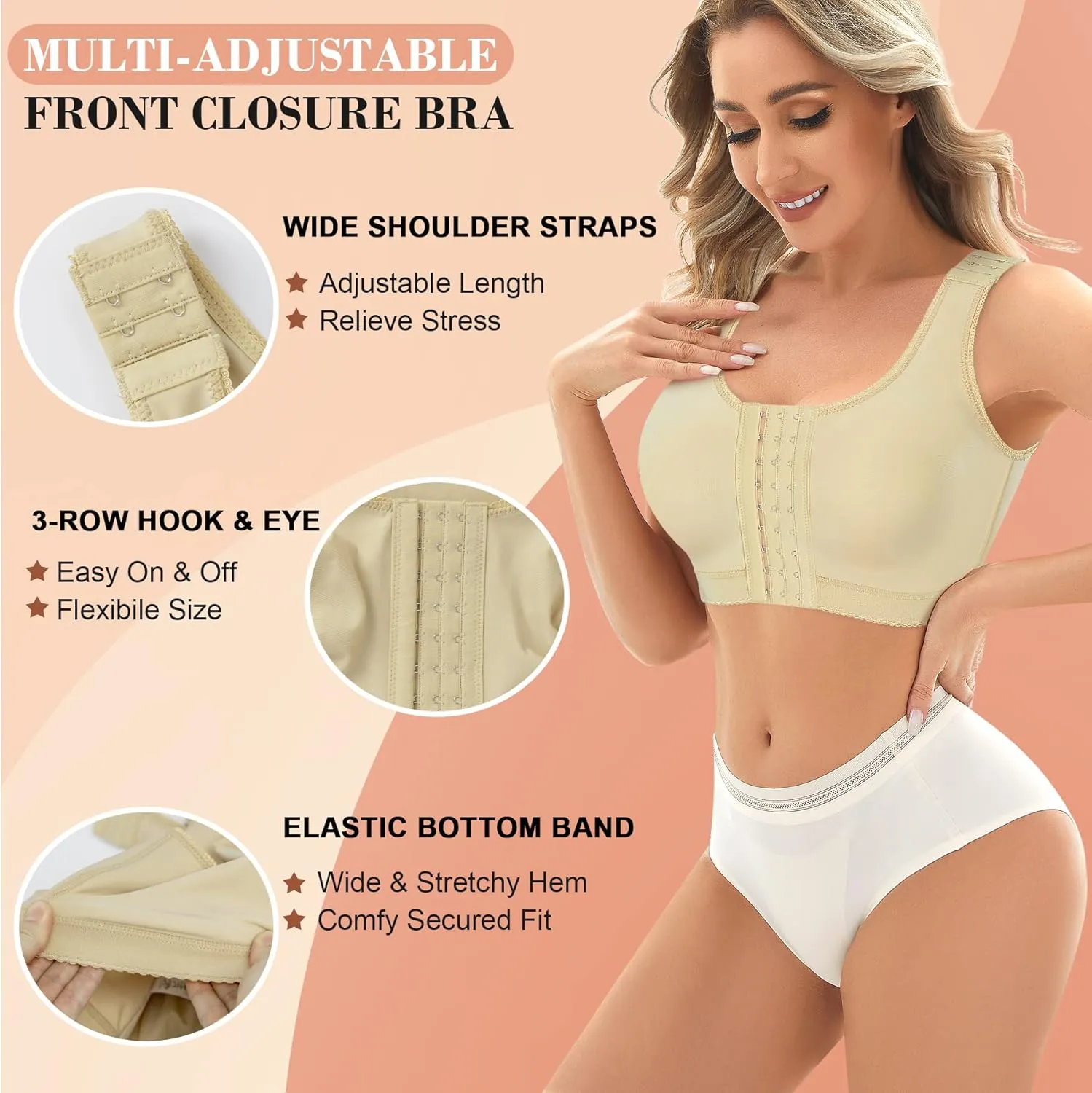 CYDREAM Wireless Bra for Women Front Adjustable Closure Post Surgery Compression Sports Bra Shapewear Camisole Crop Tops