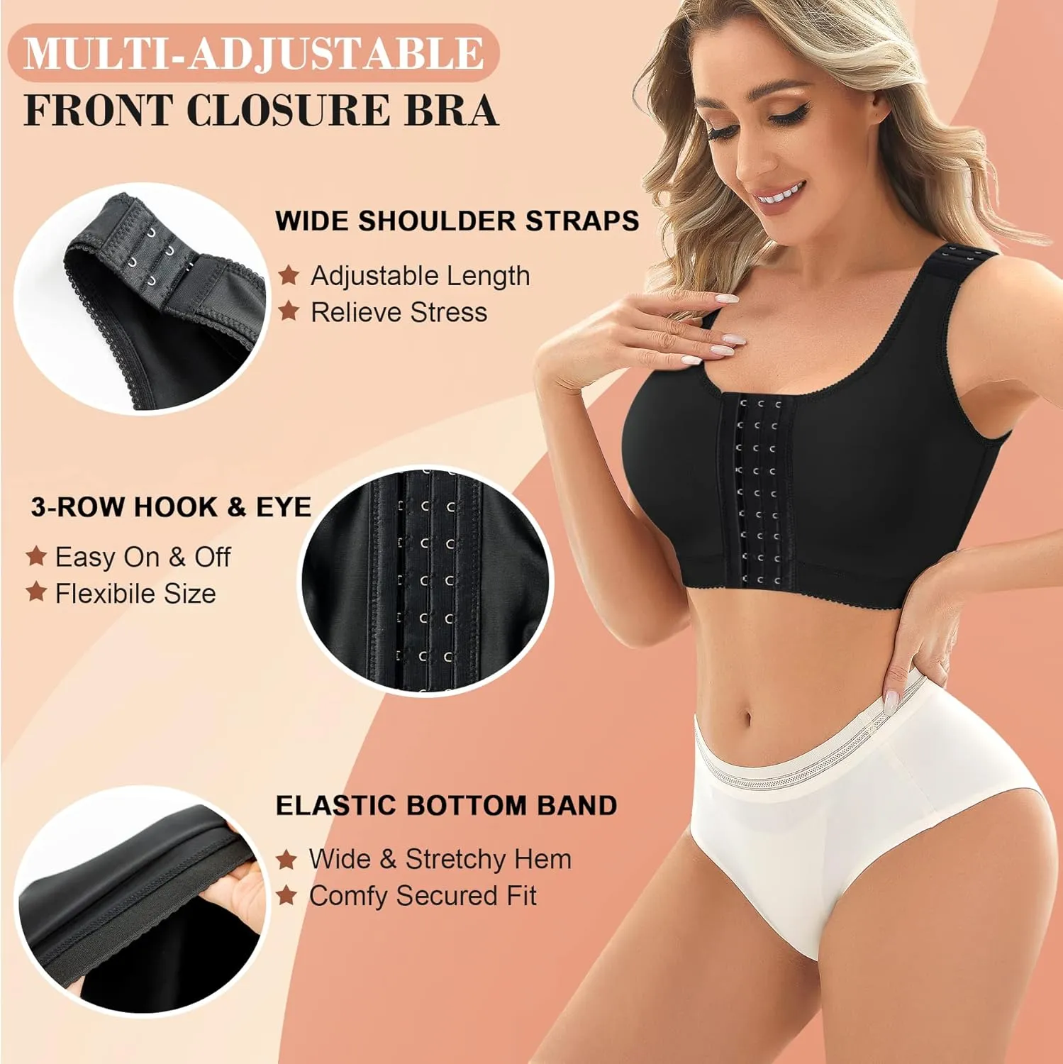 CYDREAM Wireless Bra for Women Front Adjustable Closure Post Surgery Compression Sports Bra Shapewear Camisole Crop Tops