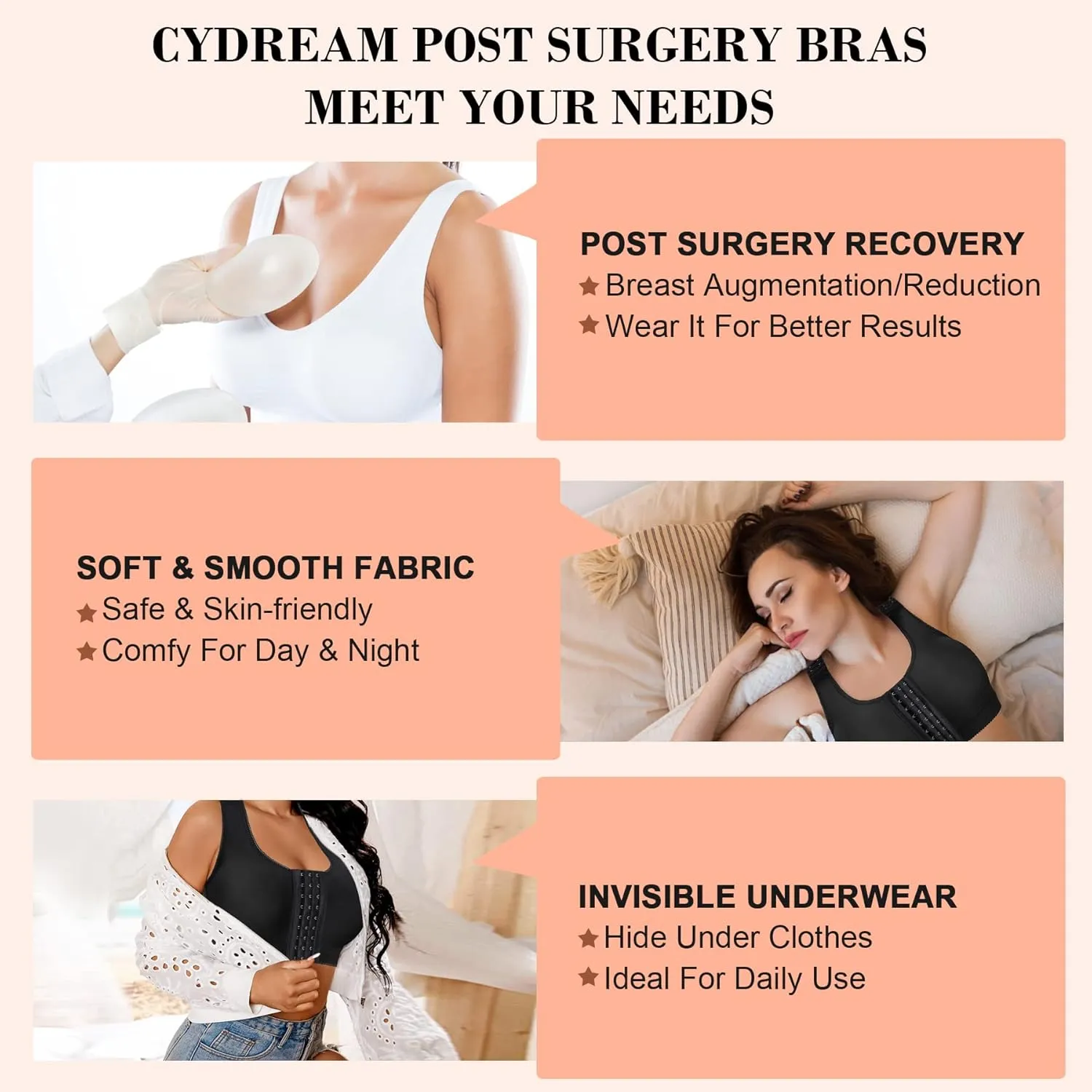 CYDREAM Wireless Bra for Women Front Adjustable Closure Post Surgery Compression Sports Bra Shapewear Camisole Crop Tops