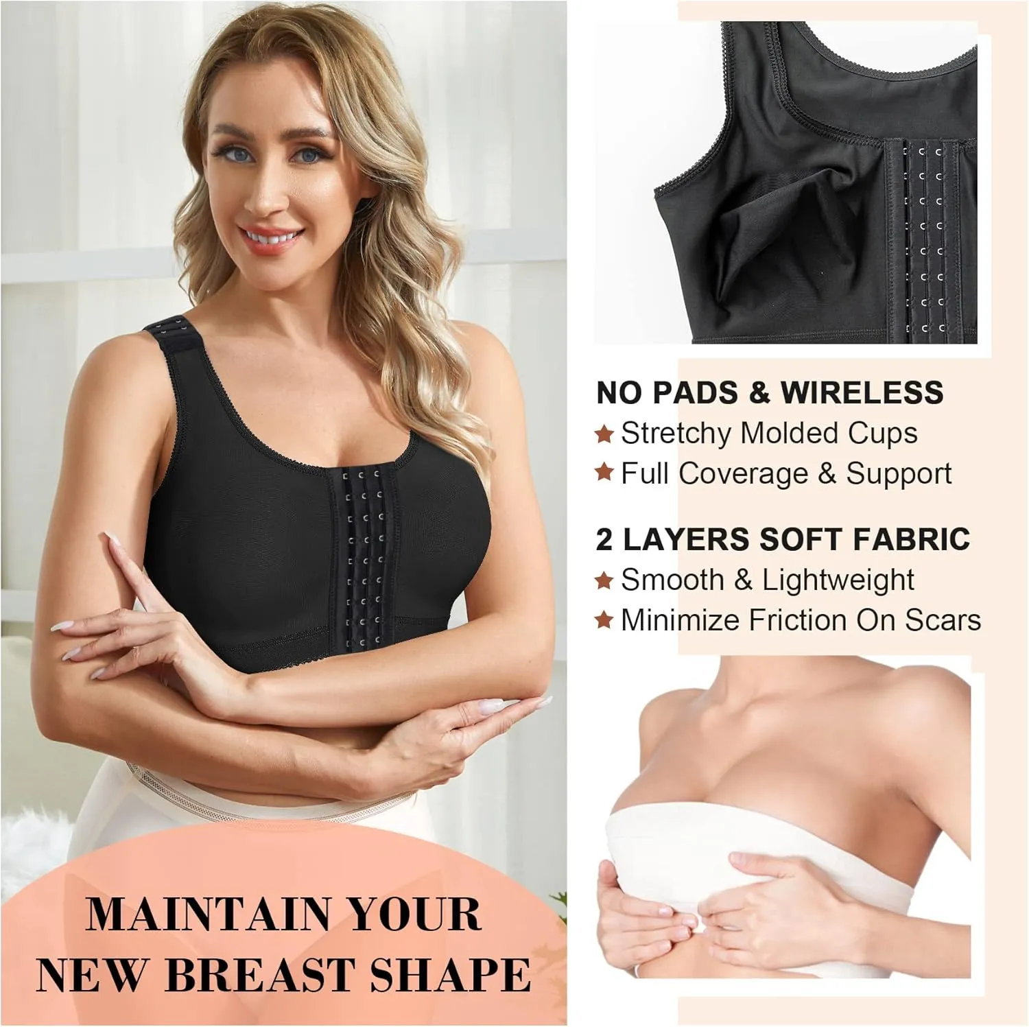 CYDREAM Wireless Bra for Women Front Adjustable Closure Post Surgery Compression Sports Bra Shapewear Camisole Crop Tops