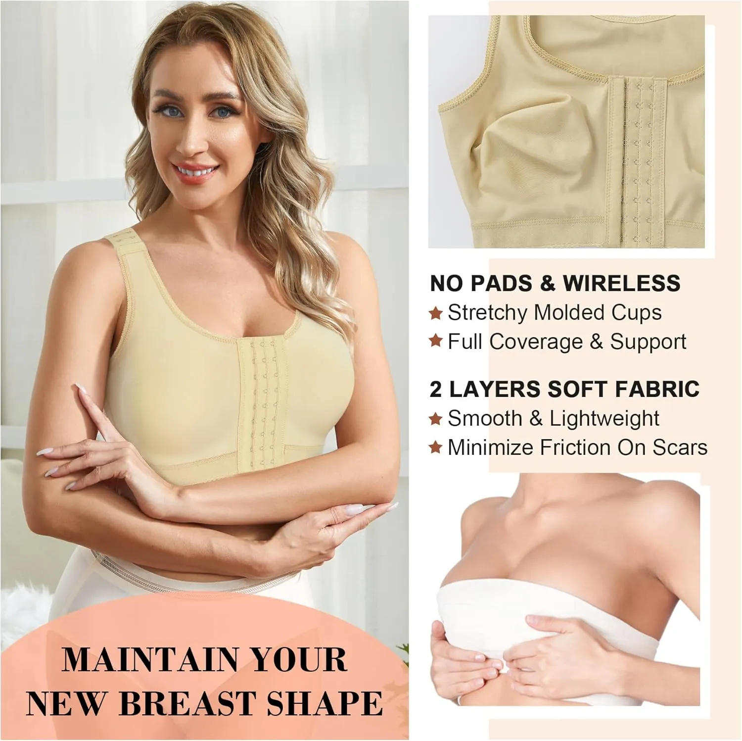 CYDREAM Wireless Bra for Women Front Adjustable Closure Post Surgery Compression Sports Bra Shapewear Camisole Crop Tops