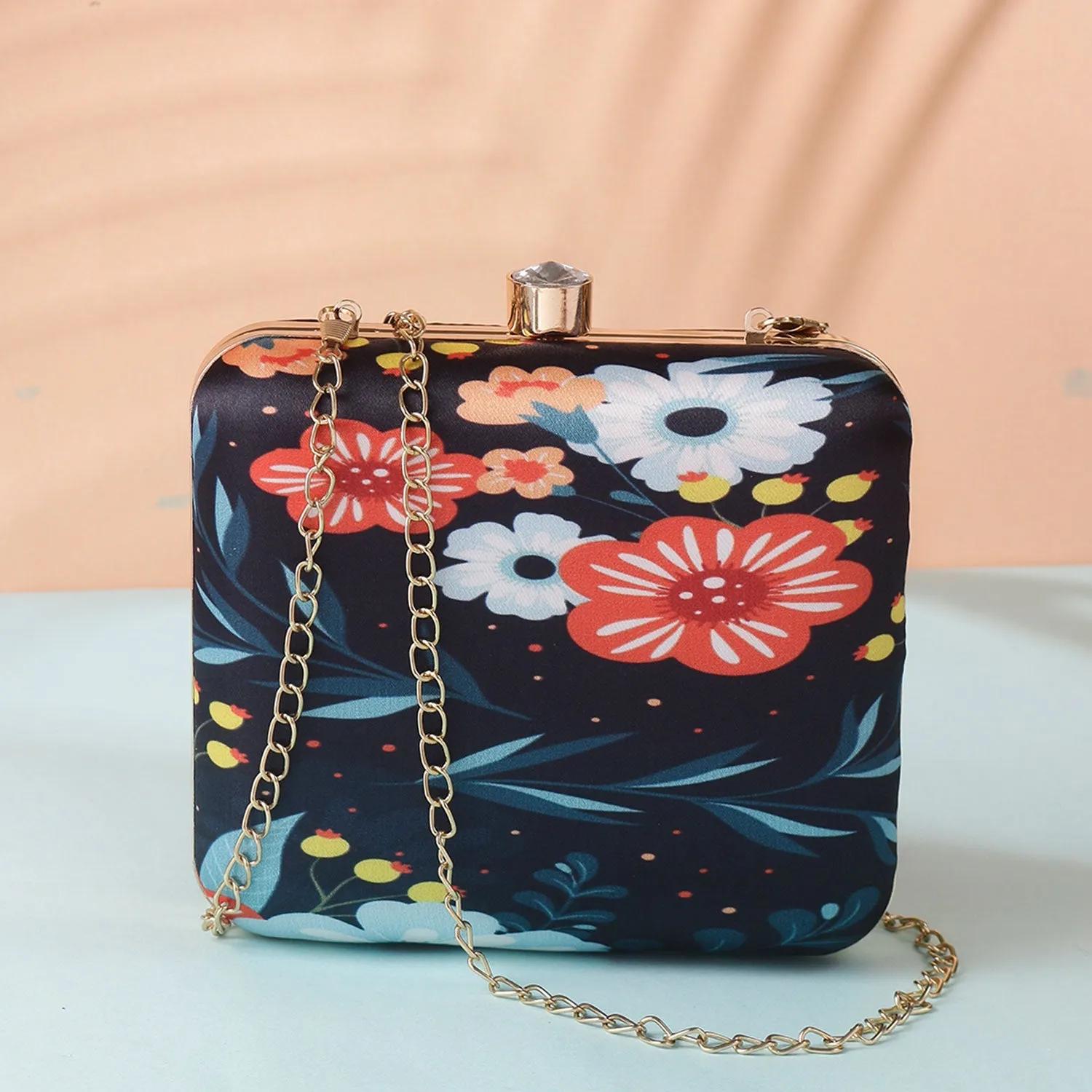 Daisy Satin Flowery Digital Print Square Box Clutch for Women & Girls