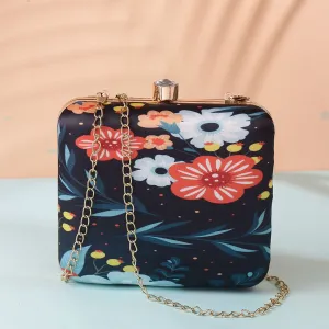 Daisy Satin Flowery Digital Print Square Box Clutch for Women & Girls