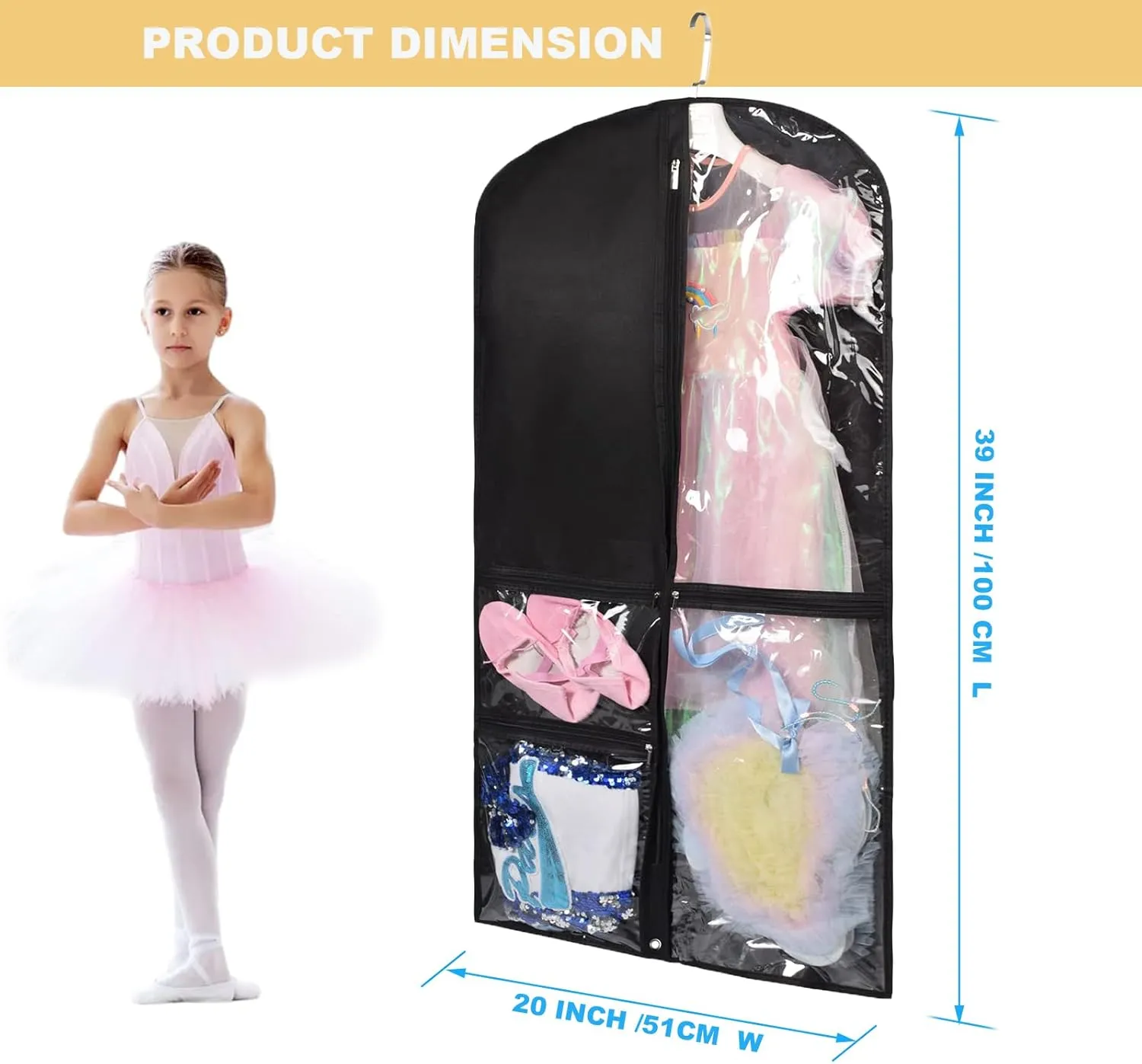 Dance Costume Bags,Dance Garment Bags For Dancers with Zippered Pockets, 39 Inch Garment Bags For Hanging Clothes,Garment Bags For Travel,Kids Garment Bag for Dance Competitions (Black, 3 PACK)