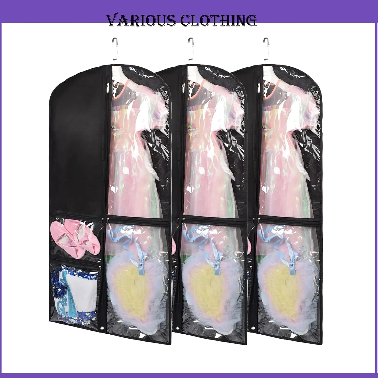Dance Costume Bags,Dance Garment Bags For Dancers with Zippered Pockets, 39 Inch Garment Bags For Hanging Clothes,Garment Bags For Travel,Kids Garment Bag for Dance Competitions (Black, 3 PACK)