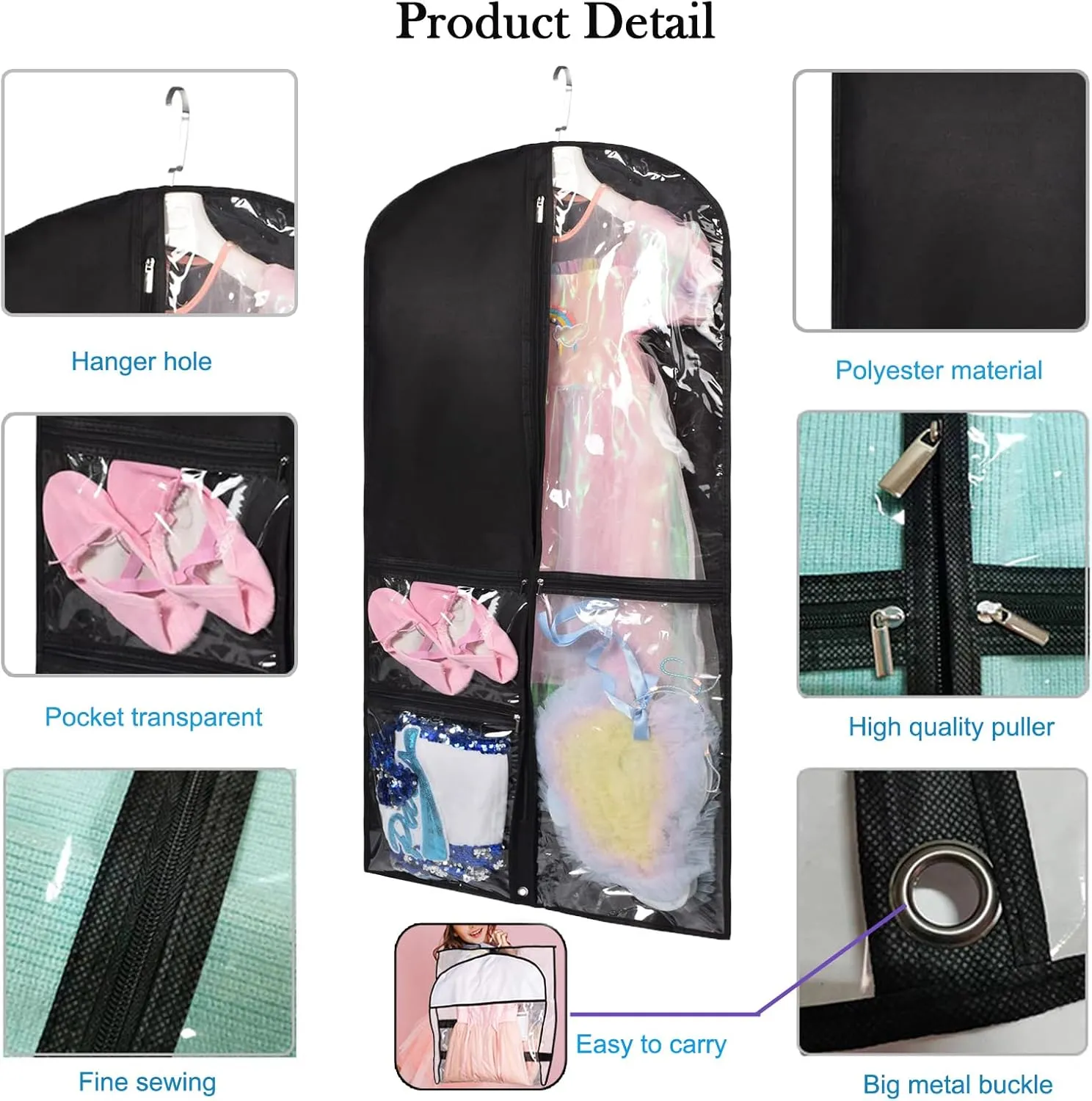 Dance Costume Bags,Dance Garment Bags For Dancers with Zippered Pockets, 39 Inch Garment Bags For Hanging Clothes,Garment Bags For Travel,Kids Garment Bag for Dance Competitions (Black, 3 PACK)