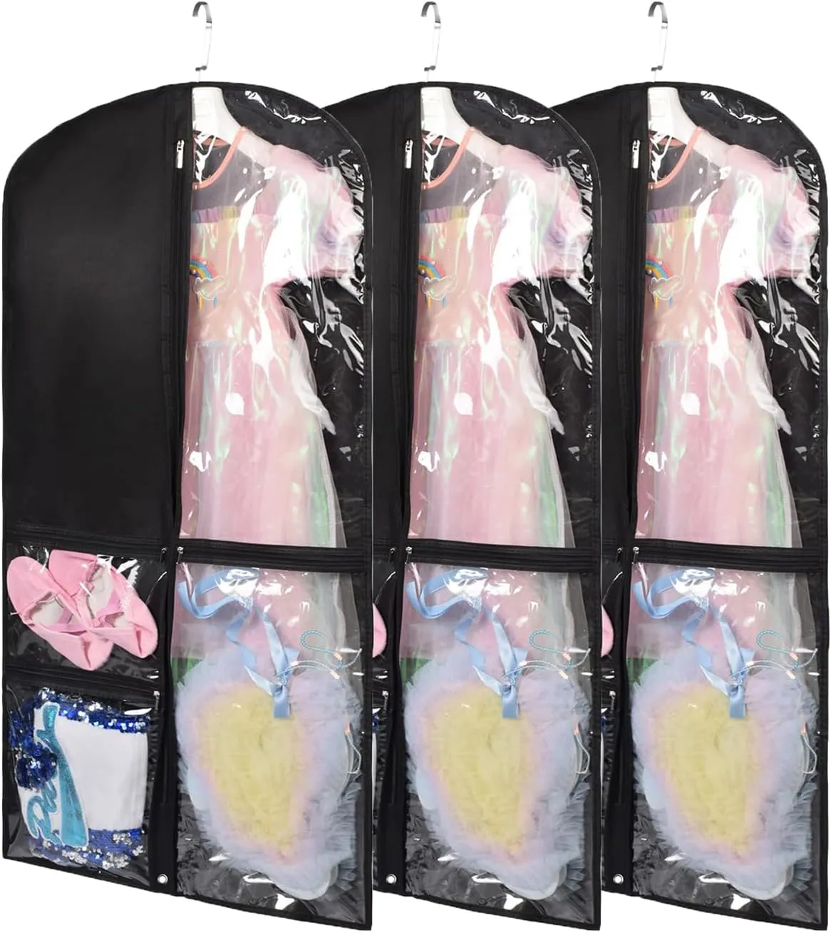 Dance Costume Bags,Dance Garment Bags For Dancers with Zippered Pockets, 39 Inch Garment Bags For Hanging Clothes,Garment Bags For Travel,Kids Garment Bag for Dance Competitions (Black, 3 PACK)