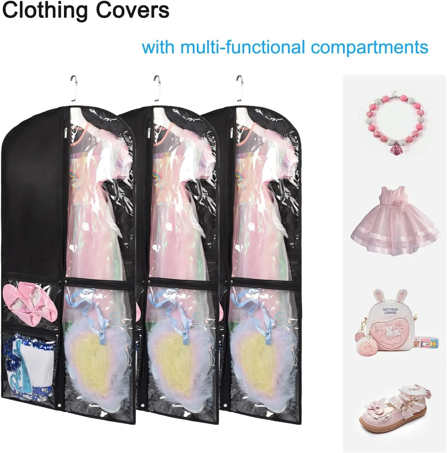Dance Costume Bags,Dance Garment Bags For Dancers with Zippered Pockets, 39 Inch Garment Bags For Hanging Clothes,Garment Bags For Travel,Kids Garment Bag for Dance Competitions (Black, 3 PACK)