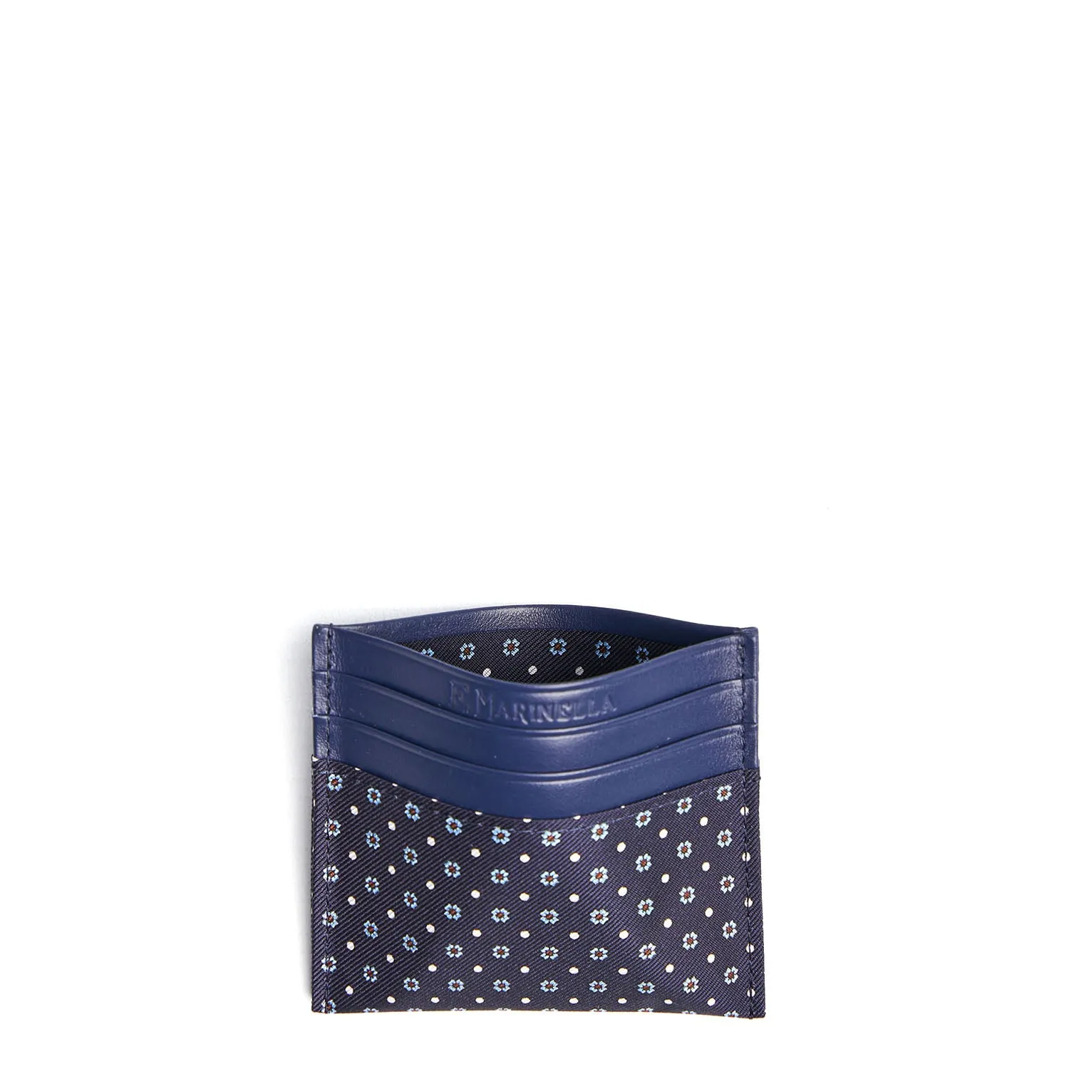 DARK BLUE SILK AND LEATHER CREDIT CARD HOLDER