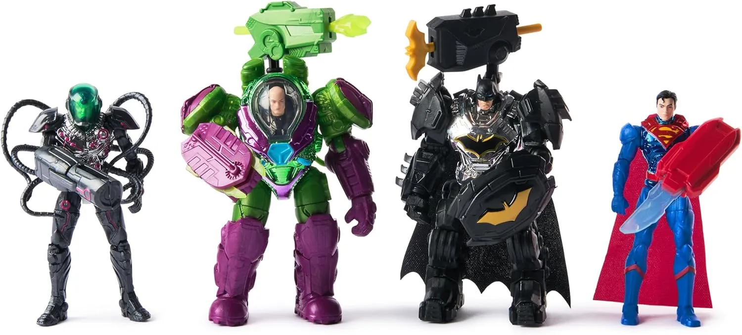 DC Comics, Metal Force Team Up Brainiac and Lex Luthor vs Batman and Superman Set, 4-Inch Action Figures with Exclusive Accessories, Includes Character Cards, Kids Toys of Boys Ages 4 and Up