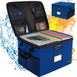 DEEGO File Box with Lock, Fireproof Document Box Organizer for Important Document, Fireproof Lockbox Safe For Home, Collapsible File Storage Box with Handle for Hanging Letter/Legal Folder, Blue