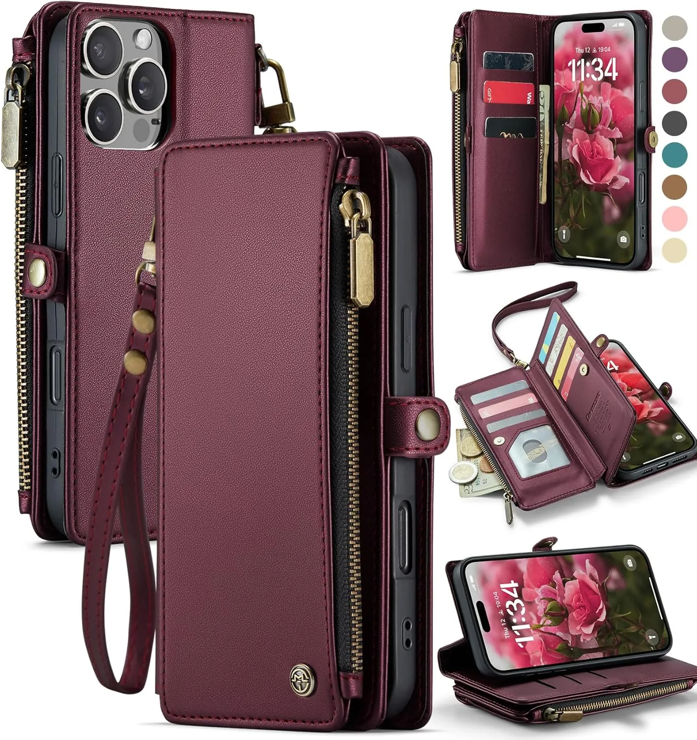 Defencase Compatible with iPhone 16 Pro Max Case Wallet with RFID Blocking Card Holder for Woman Men, PU Leather Magnetic Snap Flip Zipper Strap Phone Case for iPhone 16 Pro Max 6.9", Burgundy