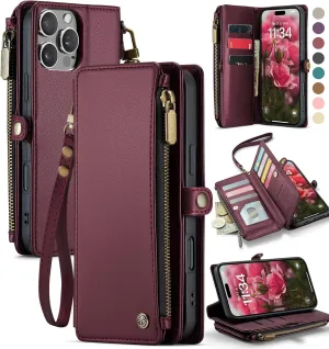 Defencase Compatible with iPhone 16 Pro Max Case Wallet with RFID Blocking Card Holder for Woman Men, PU Leather Magnetic Snap Flip Zipper Strap Phone Case for iPhone 16 Pro Max 6.9", Burgundy