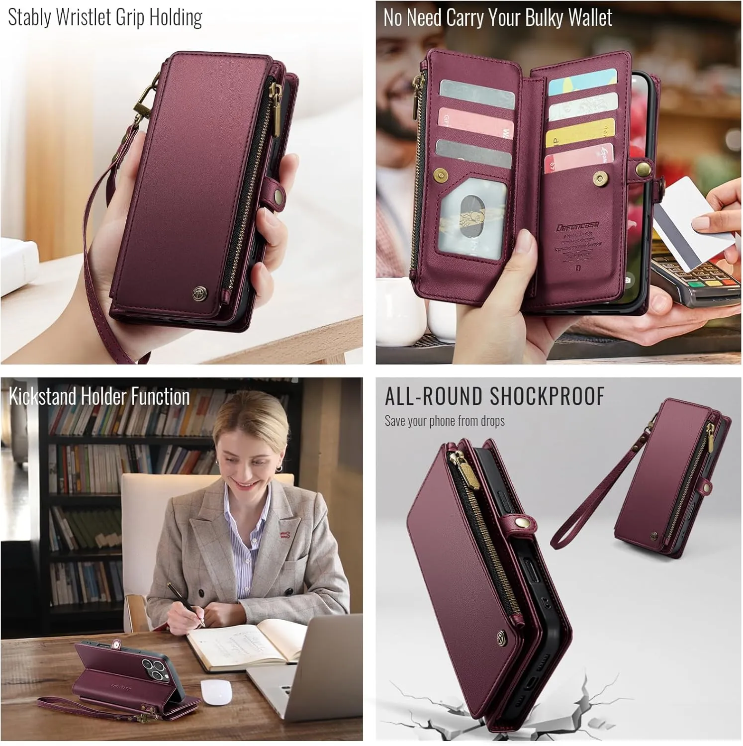 Defencase Compatible with iPhone 16 Pro Max Case Wallet with RFID Blocking Card Holder for Woman Men, PU Leather Magnetic Snap Flip Zipper Strap Phone Case for iPhone 16 Pro Max 6.9", Burgundy