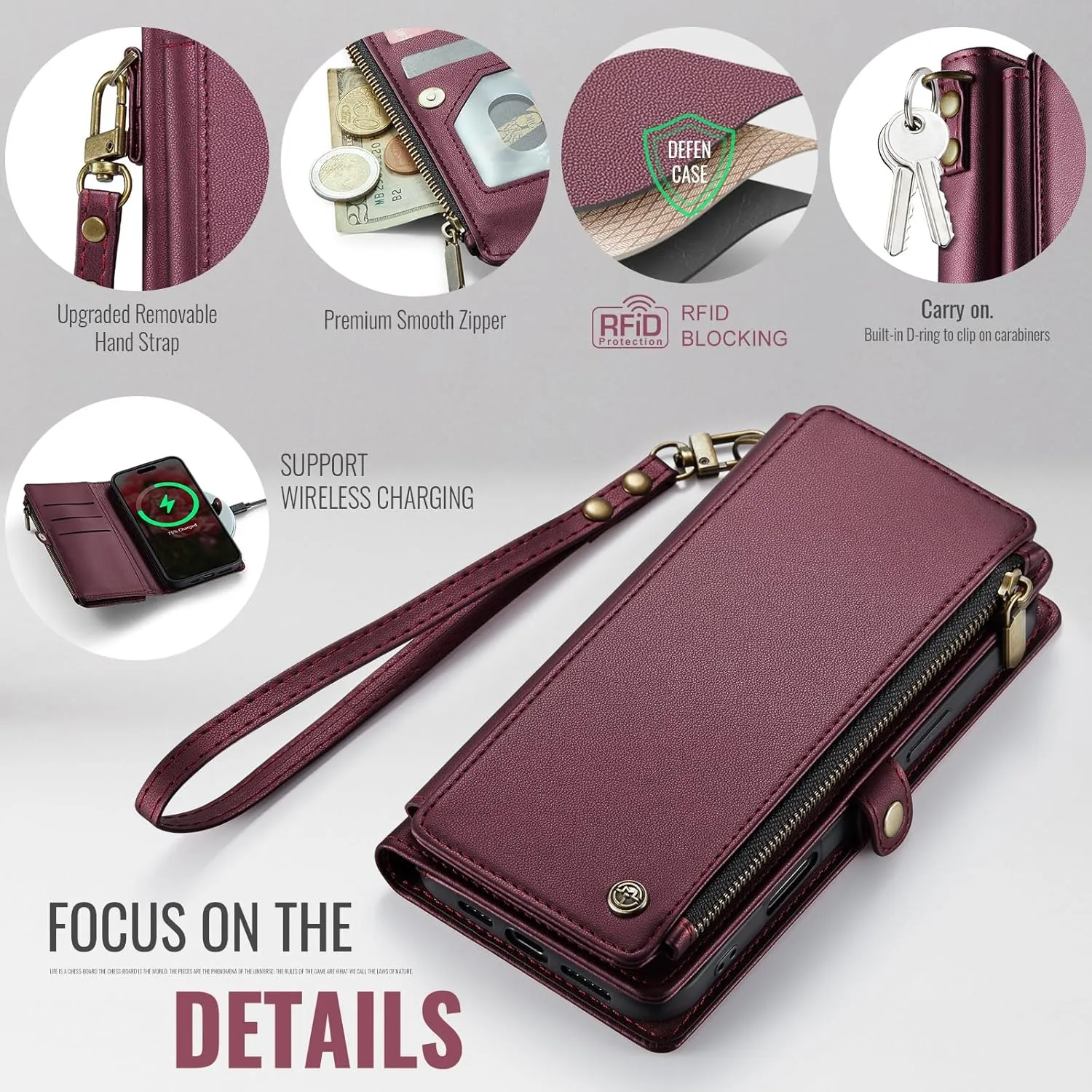 Defencase Compatible with iPhone 16 Pro Max Case Wallet with RFID Blocking Card Holder for Woman Men, PU Leather Magnetic Snap Flip Zipper Strap Phone Case for iPhone 16 Pro Max 6.9", Burgundy