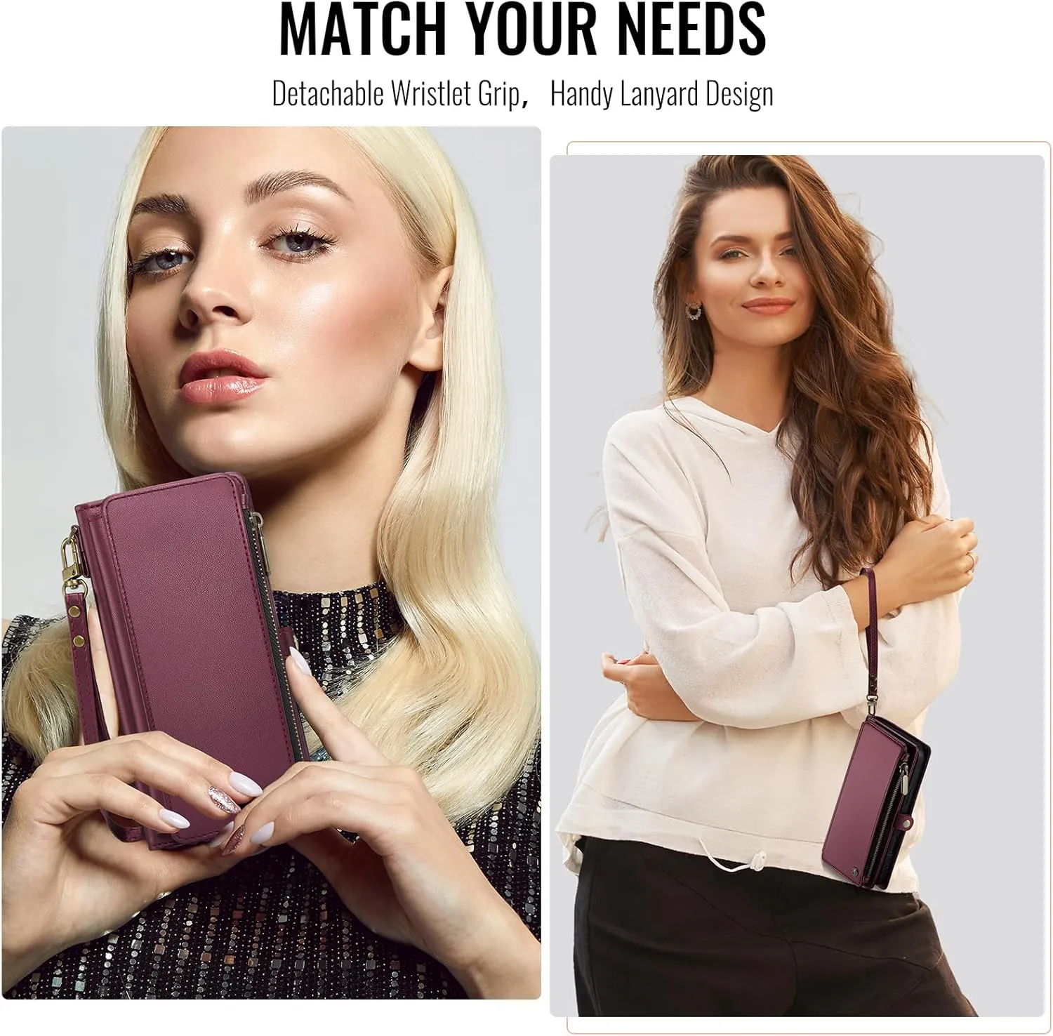 Defencase Compatible with iPhone 16 Pro Max Case Wallet with RFID Blocking Card Holder for Woman Men, PU Leather Magnetic Snap Flip Zipper Strap Phone Case for iPhone 16 Pro Max 6.9", Burgundy