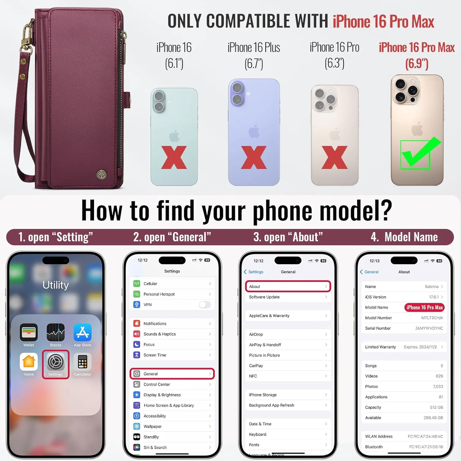 Defencase Compatible with iPhone 16 Pro Max Case Wallet with RFID Blocking Card Holder for Woman Men, PU Leather Magnetic Snap Flip Zipper Strap Phone Case for iPhone 16 Pro Max 6.9", Burgundy