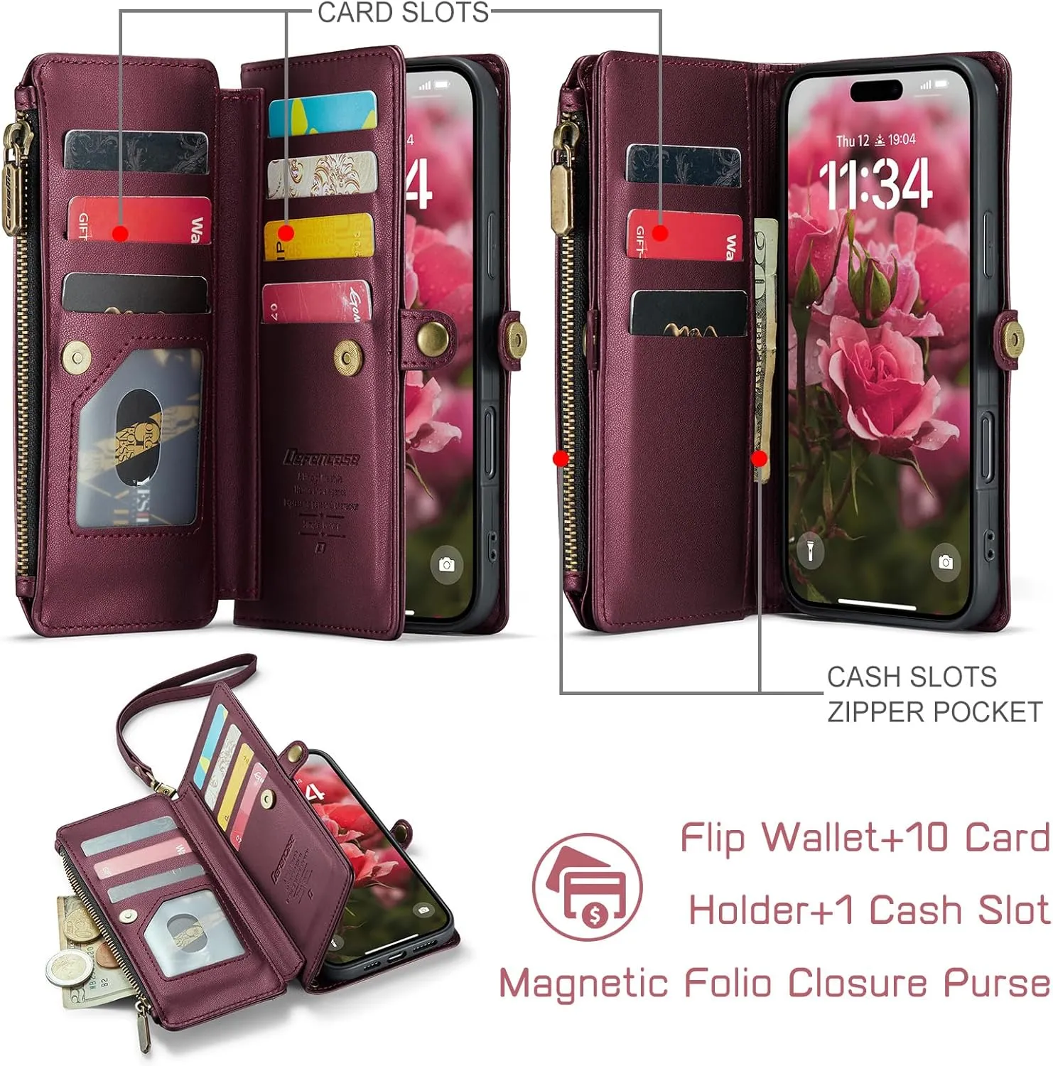 Defencase Compatible with iPhone 16 Pro Max Case Wallet with RFID Blocking Card Holder for Woman Men, PU Leather Magnetic Snap Flip Zipper Strap Phone Case for iPhone 16 Pro Max 6.9", Burgundy