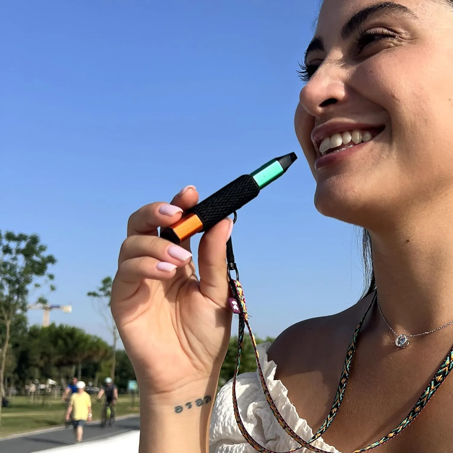 Device Holder with Lanyard, Comfortable Design for E Cigarette, 3 Device Case Sizes for Perfect Fit, Strong Vap eDevice Lanyard, High-Strength Elastic Holder (With Lanyard, Ethnic Orange, Small)