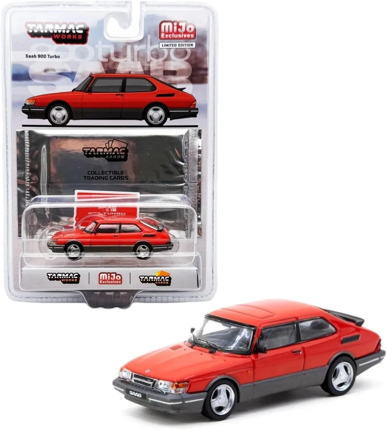 Diecast Model Car Compatible with Tarmac Works 1:64 Saab 900 Turbo Red with Trading Card Limited Edition T64G-056-RE