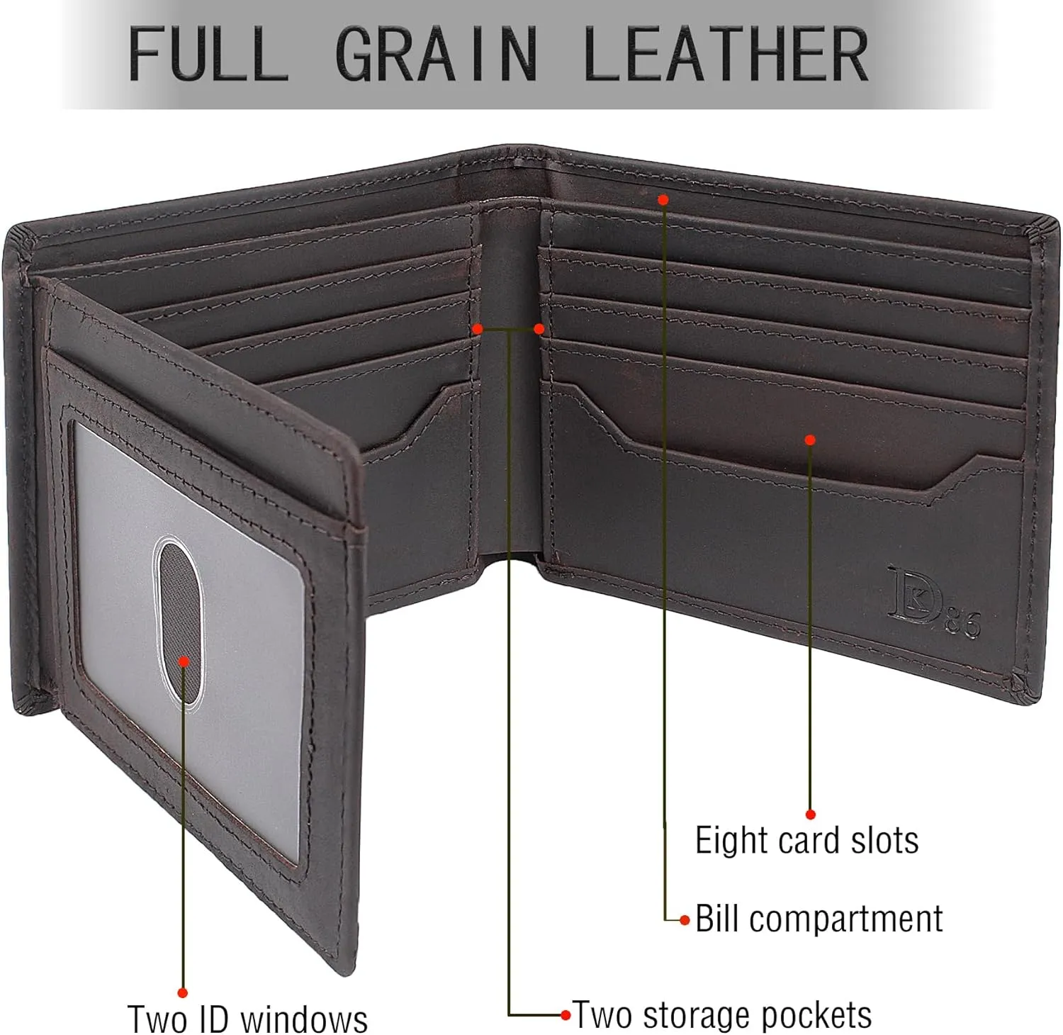 DK86 Leather Bifold Wallet for Men RFID Blocking Full Grain Leather Extra Capacity Multiple Card Slots with 2 ID Windows (Vintage Coffee)