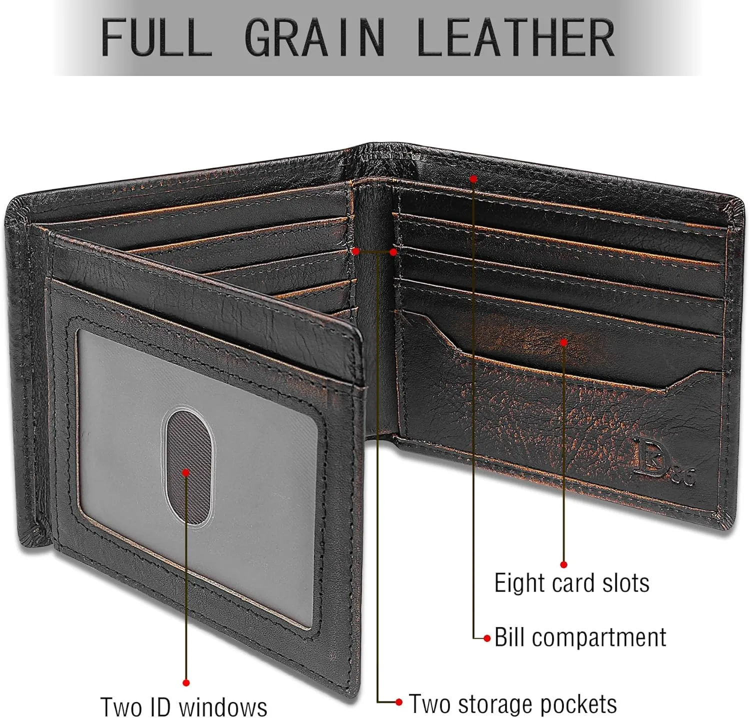 DK86 Leather Bifold Wallet for Men RFID Blocking Full Grain Leather With Hand Burnished Extra Capacity Multiple Card Slots with 2 ID Windows (black orange)