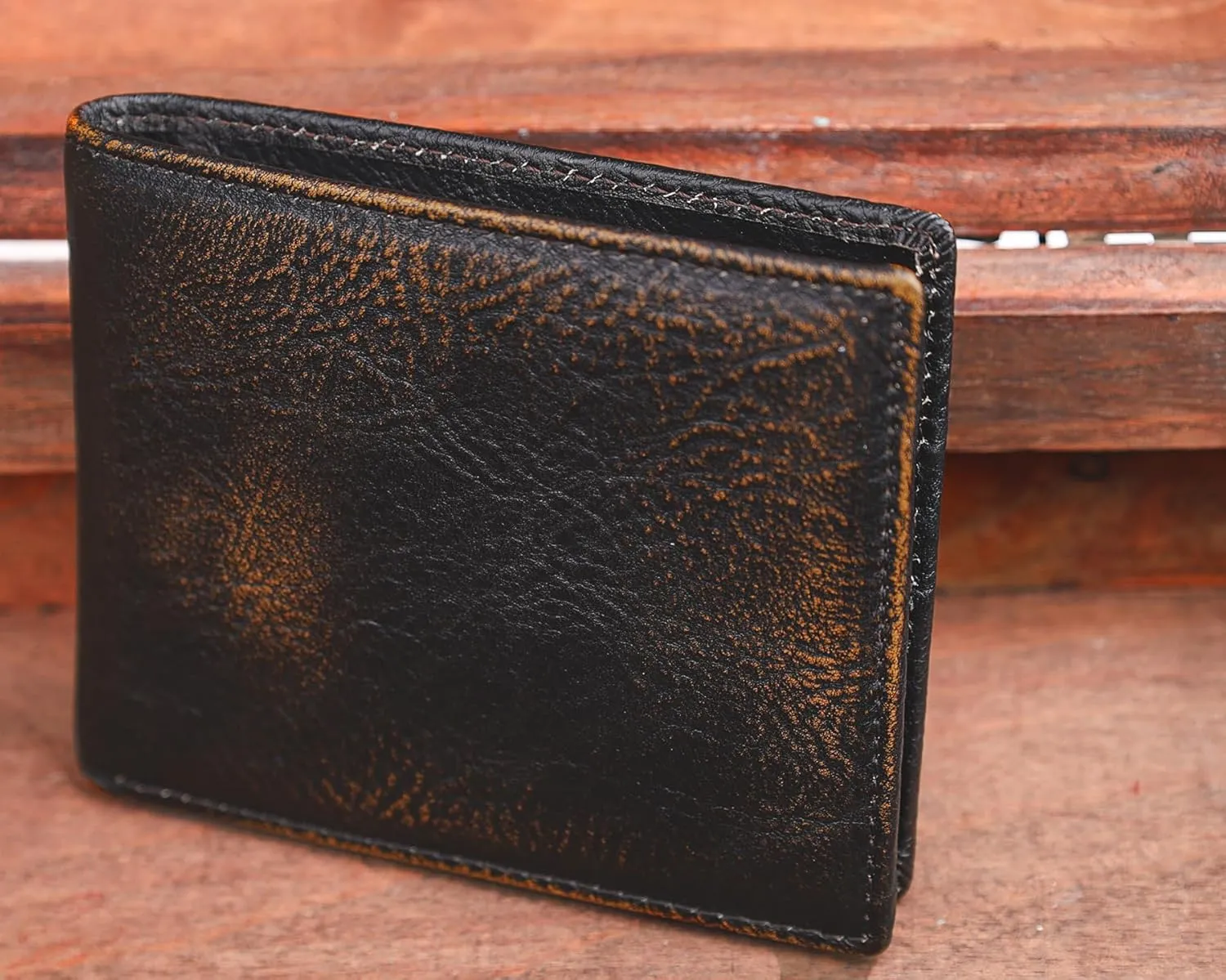 DK86 Leather Bifold Wallet for Men RFID Blocking Full Grain Leather With Hand Burnished Extra Capacity Multiple Card Slots with 2 ID Windows (black orange)