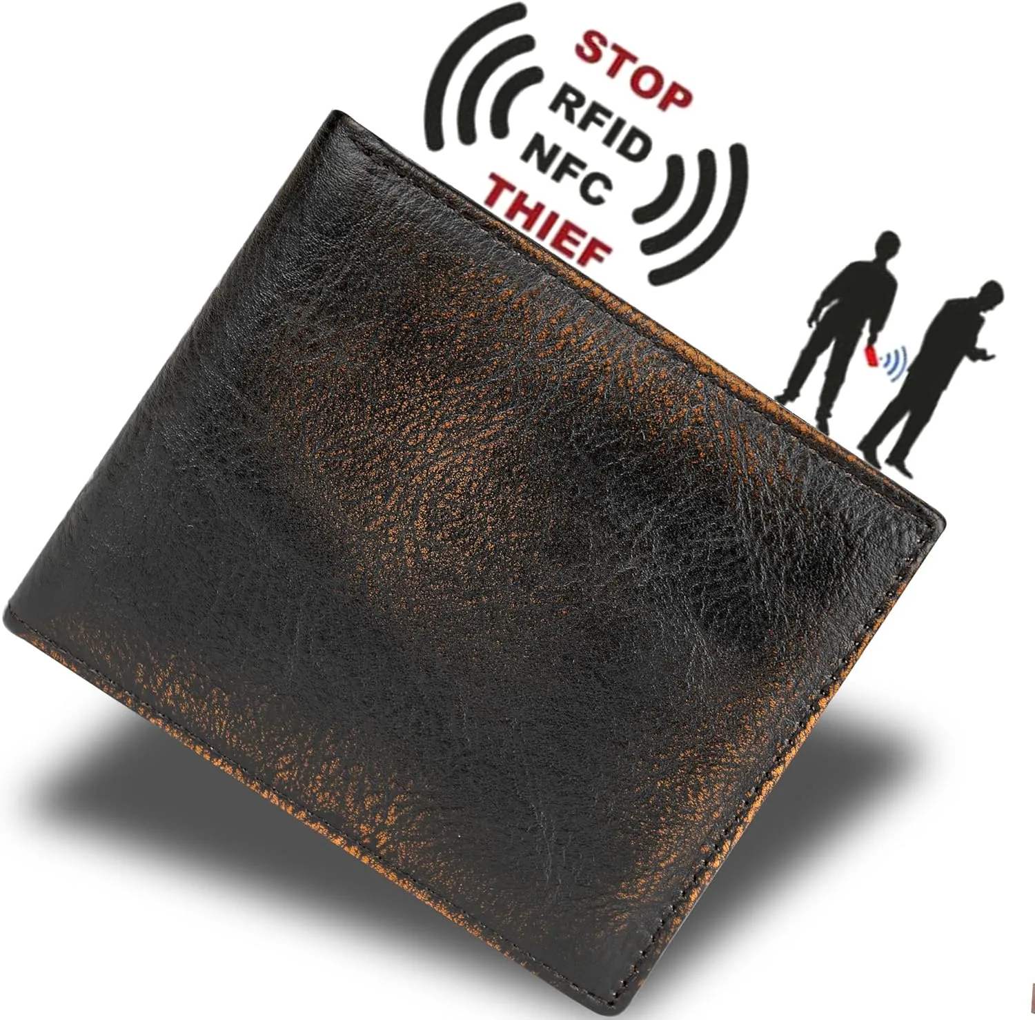 DK86 Leather Bifold Wallet for Men RFID Blocking Full Grain Leather With Hand Burnished Extra Capacity Multiple Card Slots with 2 ID Windows (black orange)