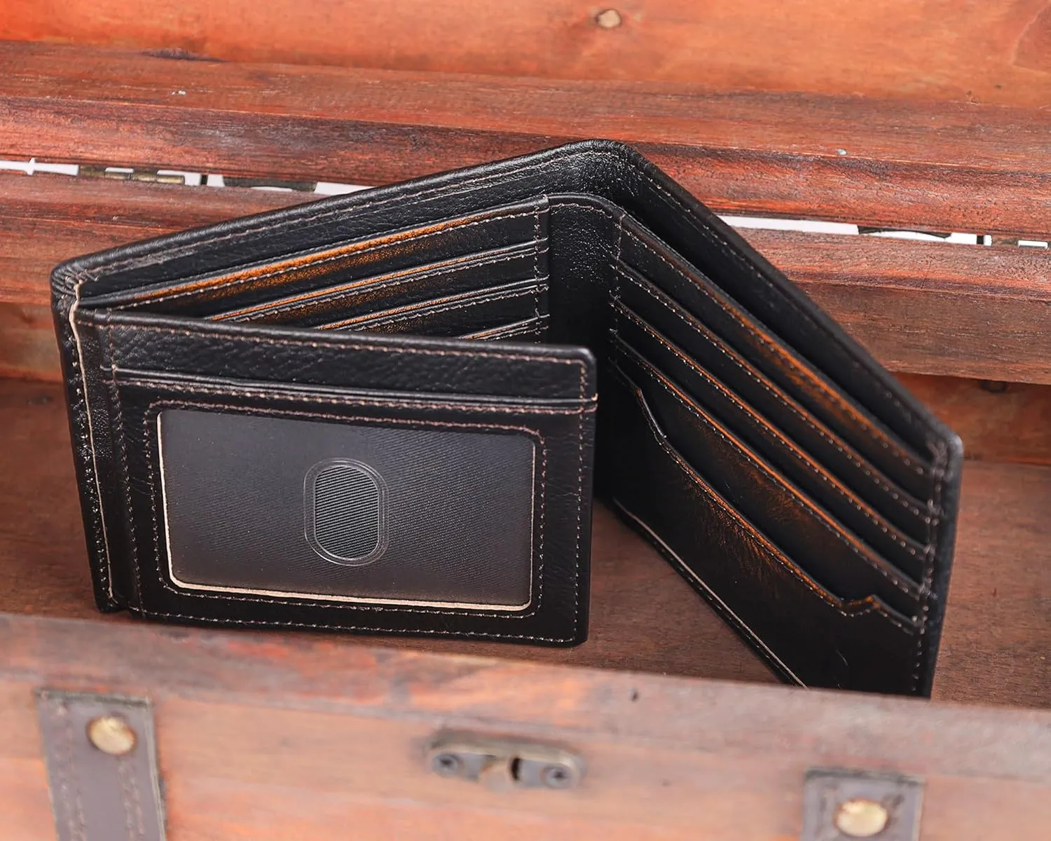 DK86 Skull Bifold Wallet for Men RFID Blocking Full Grain Leather With Hand Burnished Extra Capacity Multiple Card Slots with 2 ID Windows
