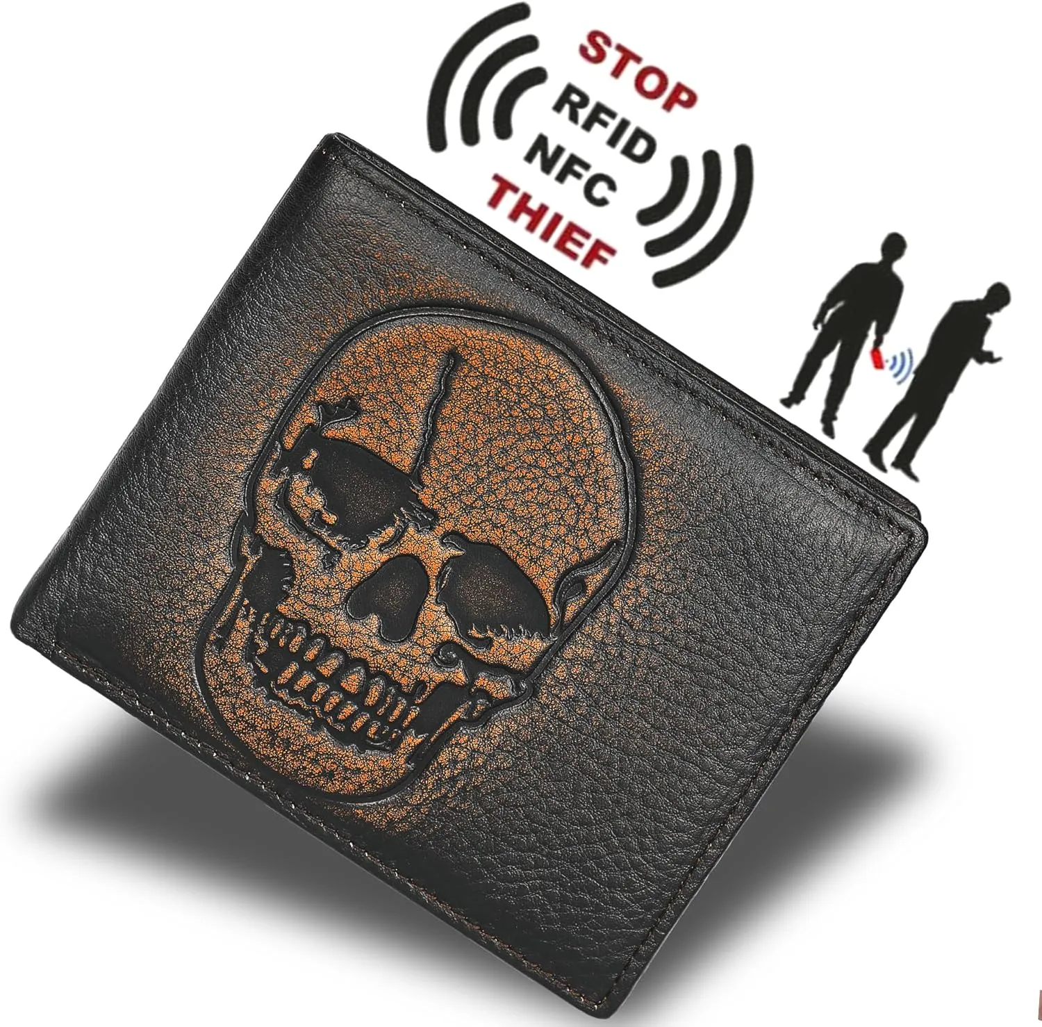 DK86 Skull Bifold Wallet for Men RFID Blocking Full Grain Leather With Hand Burnished Extra Capacity Multiple Card Slots with 2 ID Windows