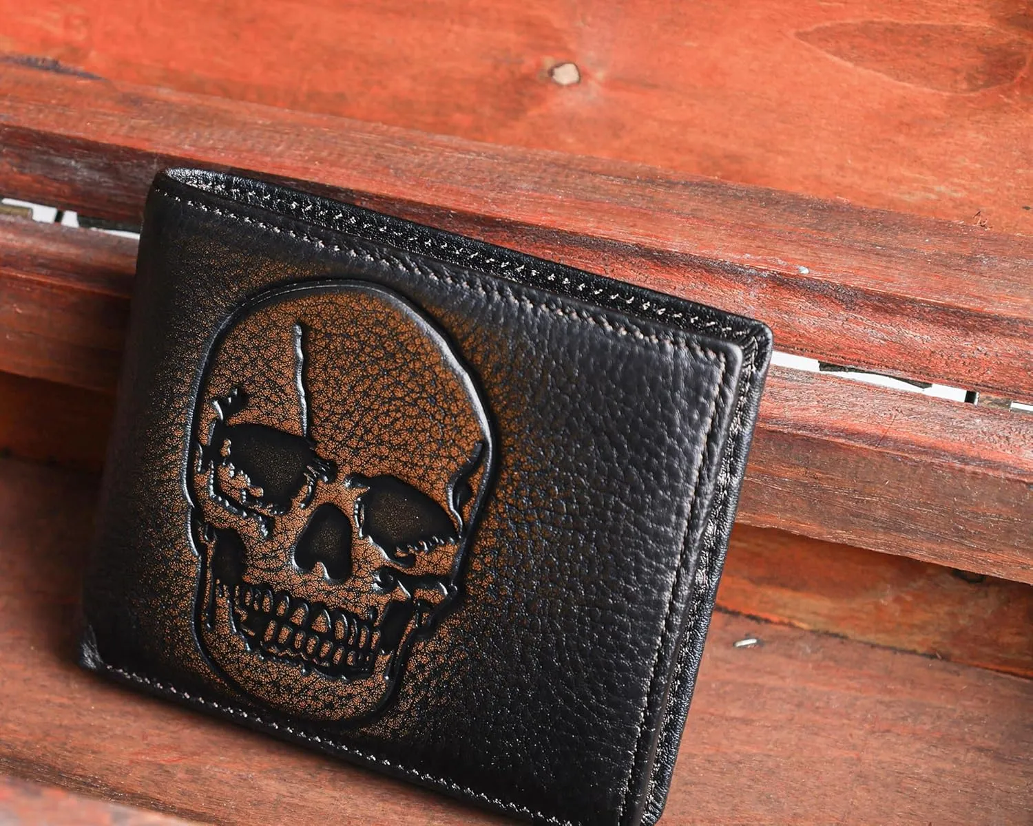 DK86 Skull Bifold Wallet for Men RFID Blocking Full Grain Leather With Hand Burnished Extra Capacity Multiple Card Slots with 2 ID Windows