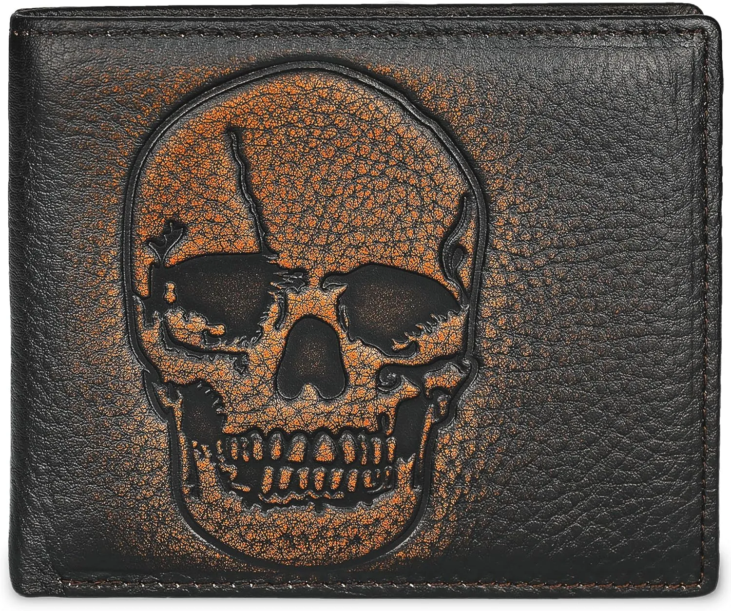 DK86 Skull Bifold Wallet for Men RFID Blocking Full Grain Leather With Hand Burnished Extra Capacity Multiple Card Slots with 2 ID Windows