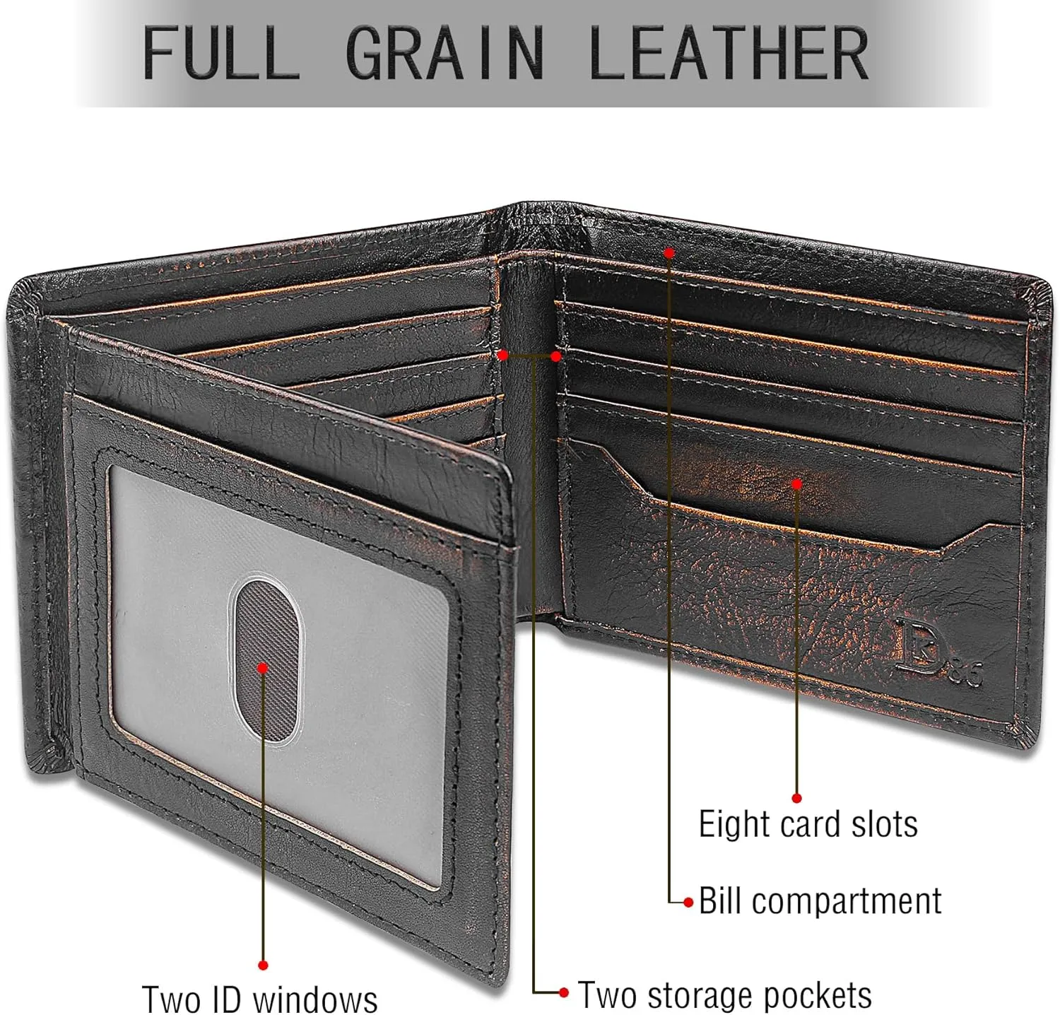 DK86 Skull Bifold Wallet for Men RFID Blocking Full Grain Leather With Hand Burnished Extra Capacity Multiple Card Slots with 2 ID Windows